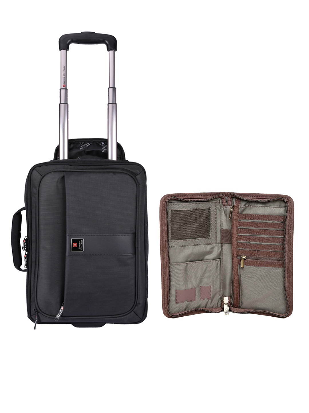 

THE ASSEMBLY Black & Brown Solid Soft-Sided Overnighter Trolley with Travel Wallet