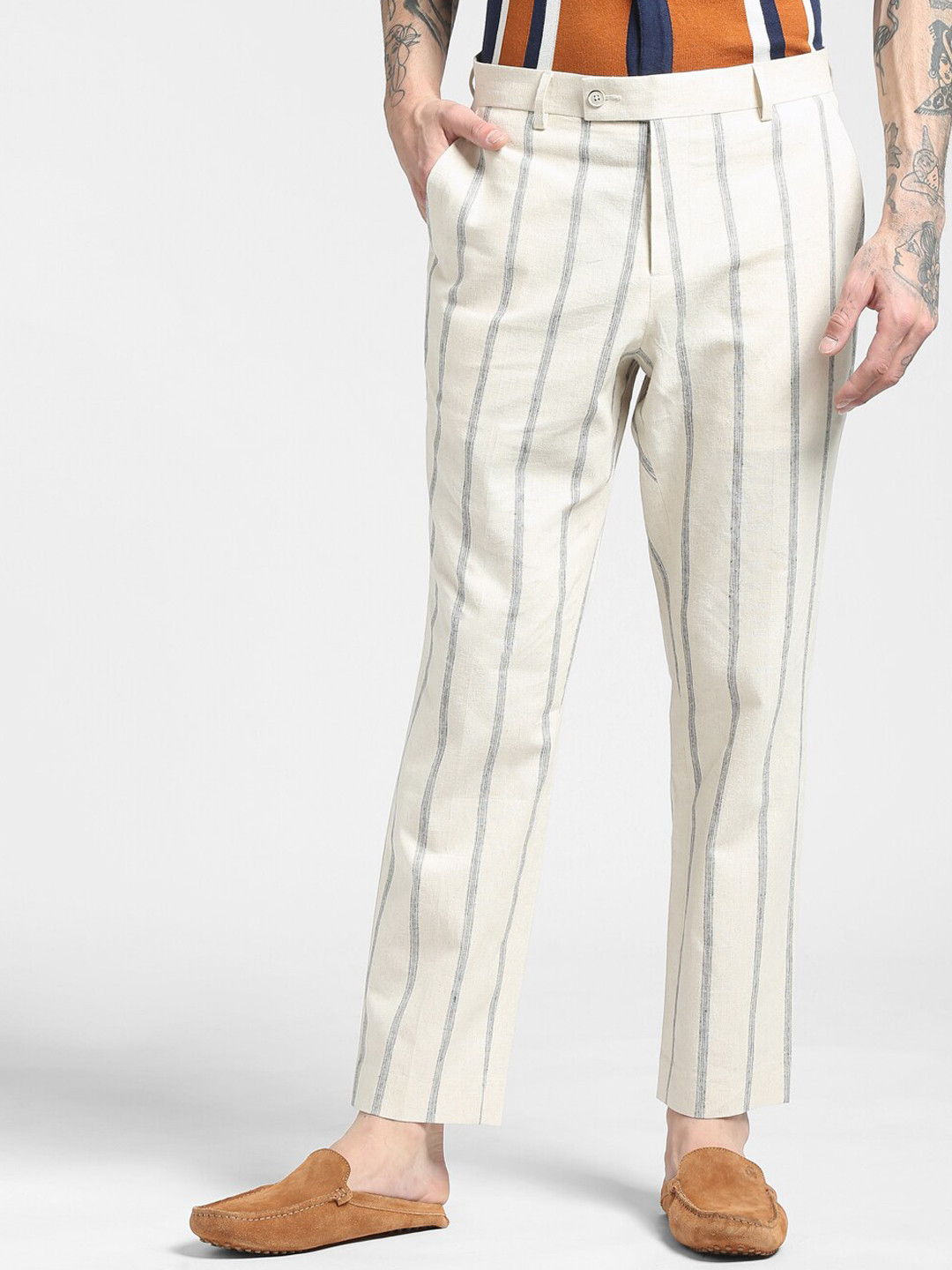 

Jack & Jones Men Off White Striped Cotton Trousers