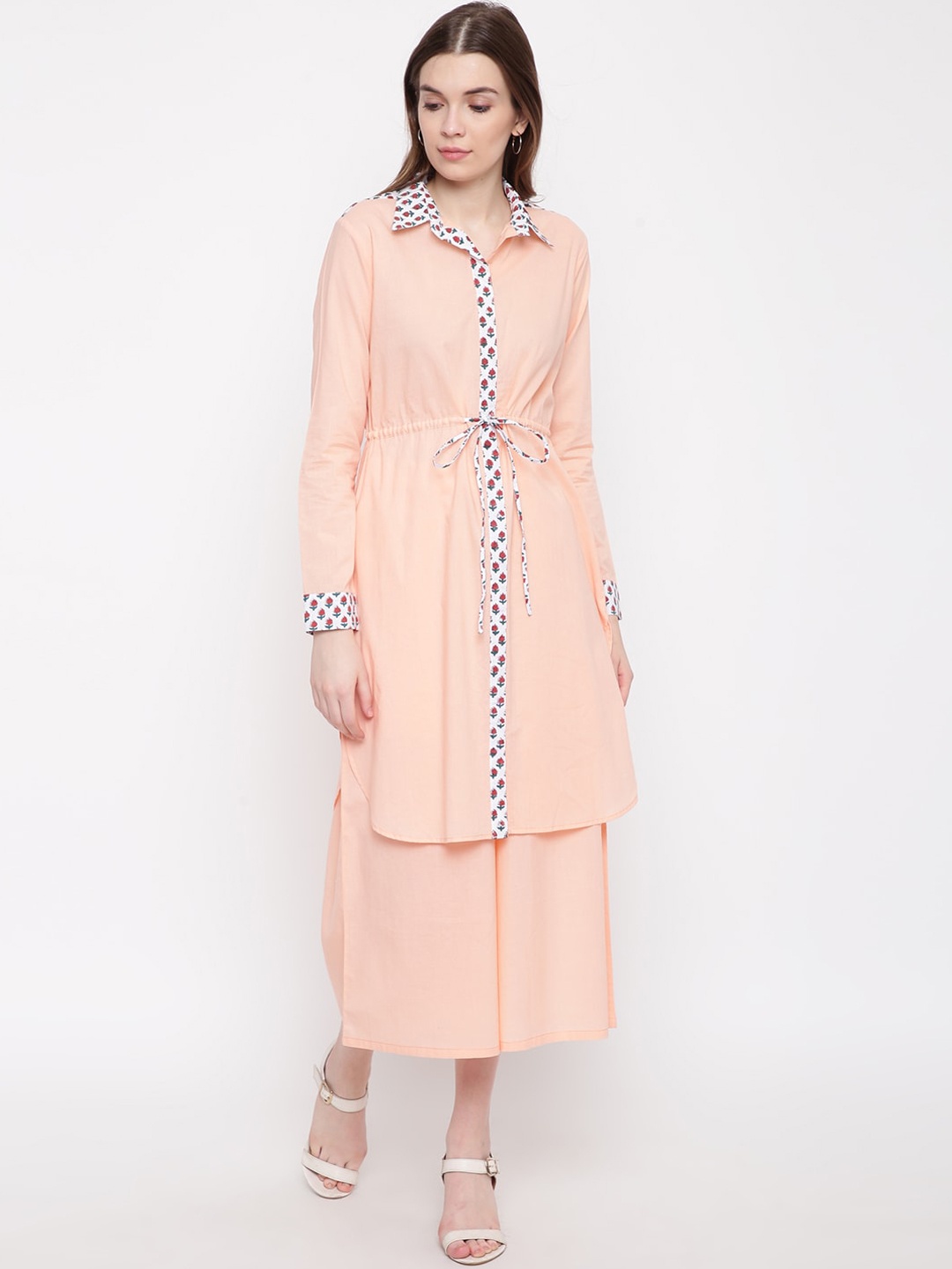 

FABNEST Women Peach-Coloured Floral High Slit Pure Cotton Kurti with Palazzos