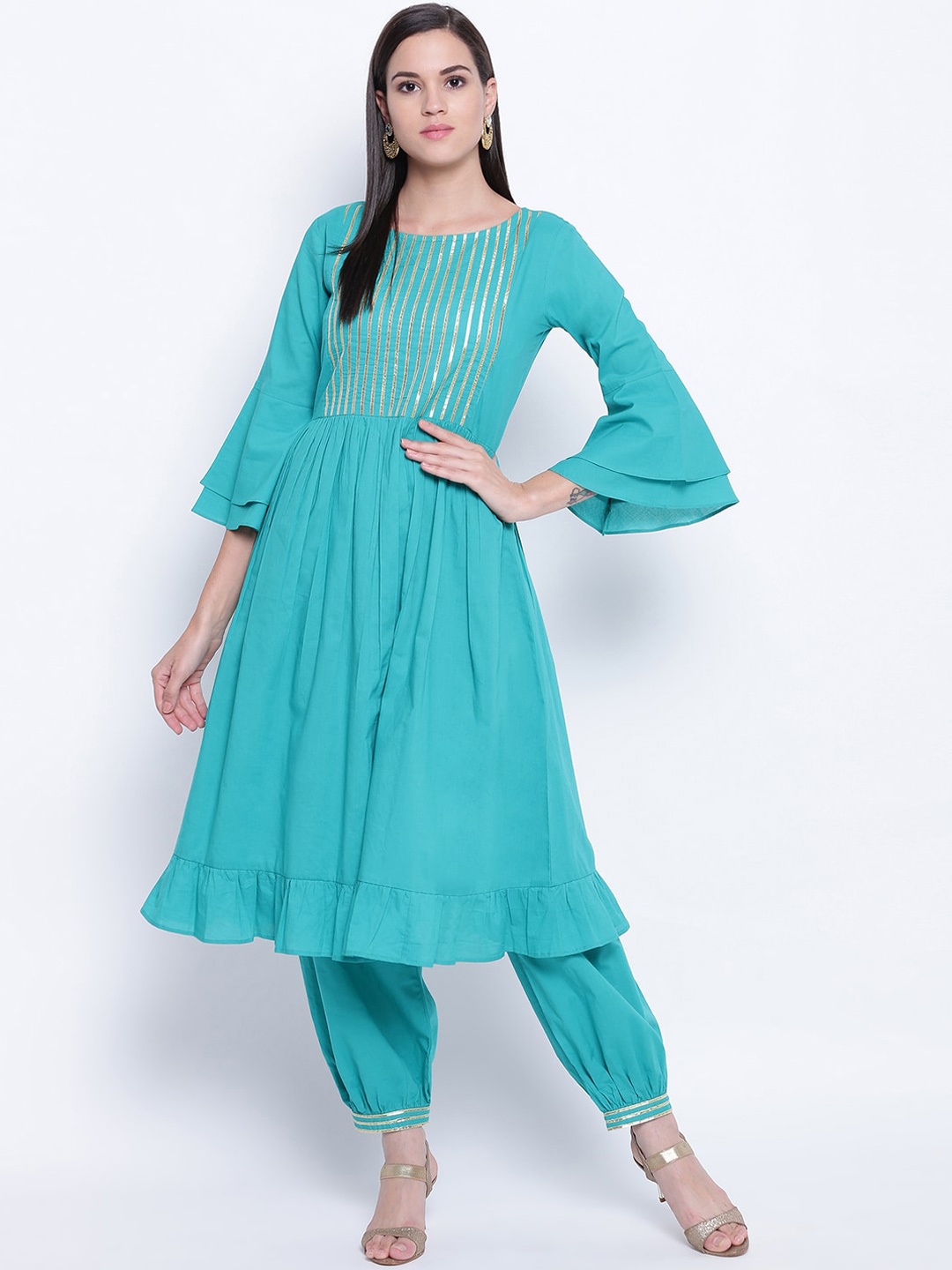 

FABNEST Women Teal Yoke Design Pleated Gotta Patti Pure Cotton Kurta with Trousers