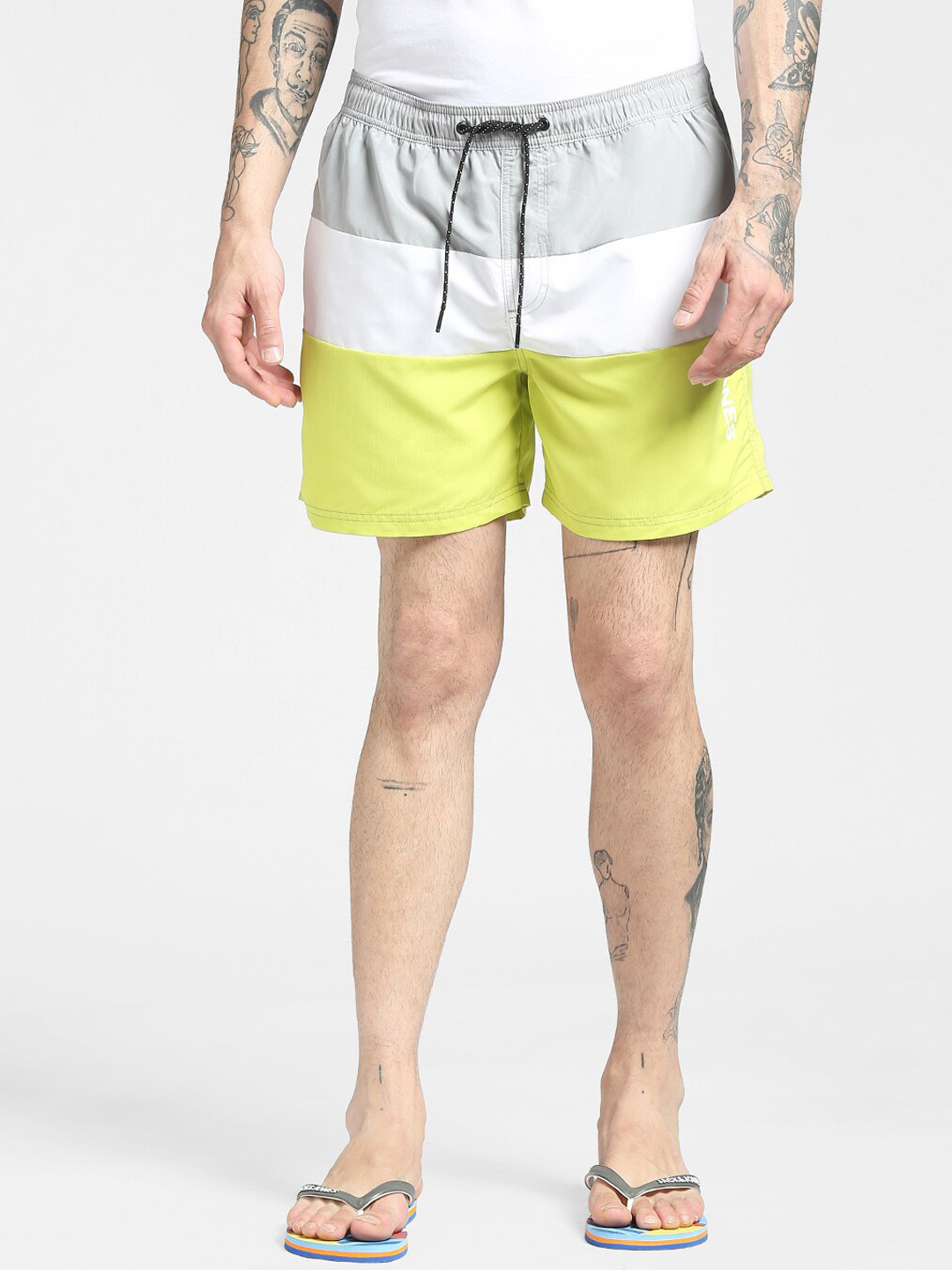 

Jack & Jones Men Grey & Lime Green Colourblocked Shorts