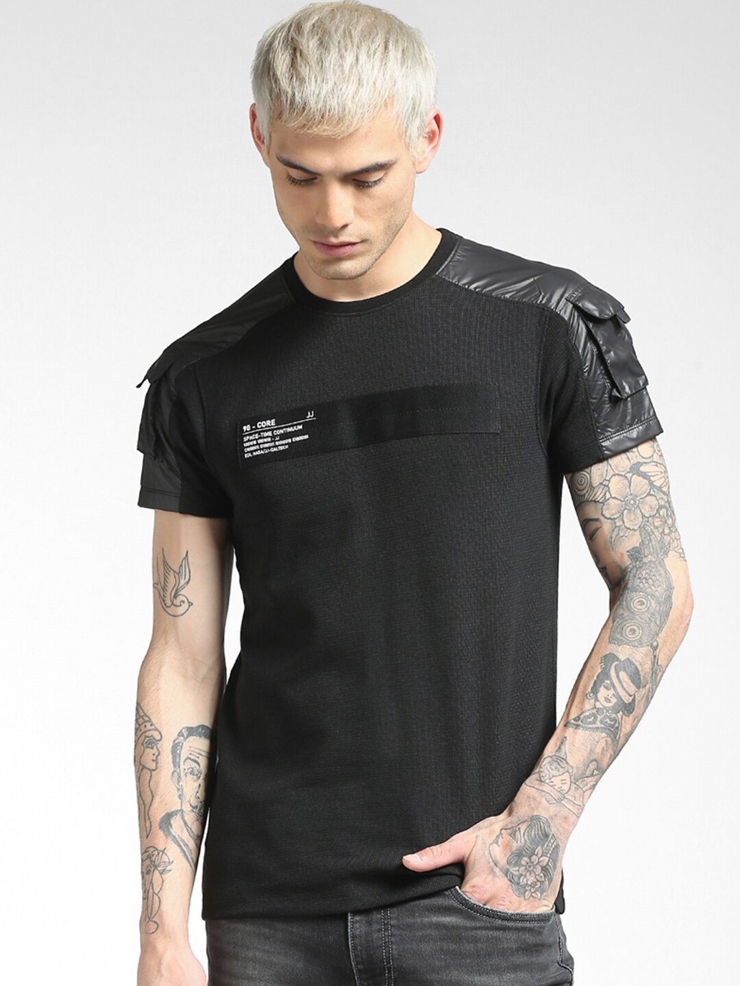 

Jack & Jones Men Black Extended Sleeves Slim Fit Cotton T-shirt