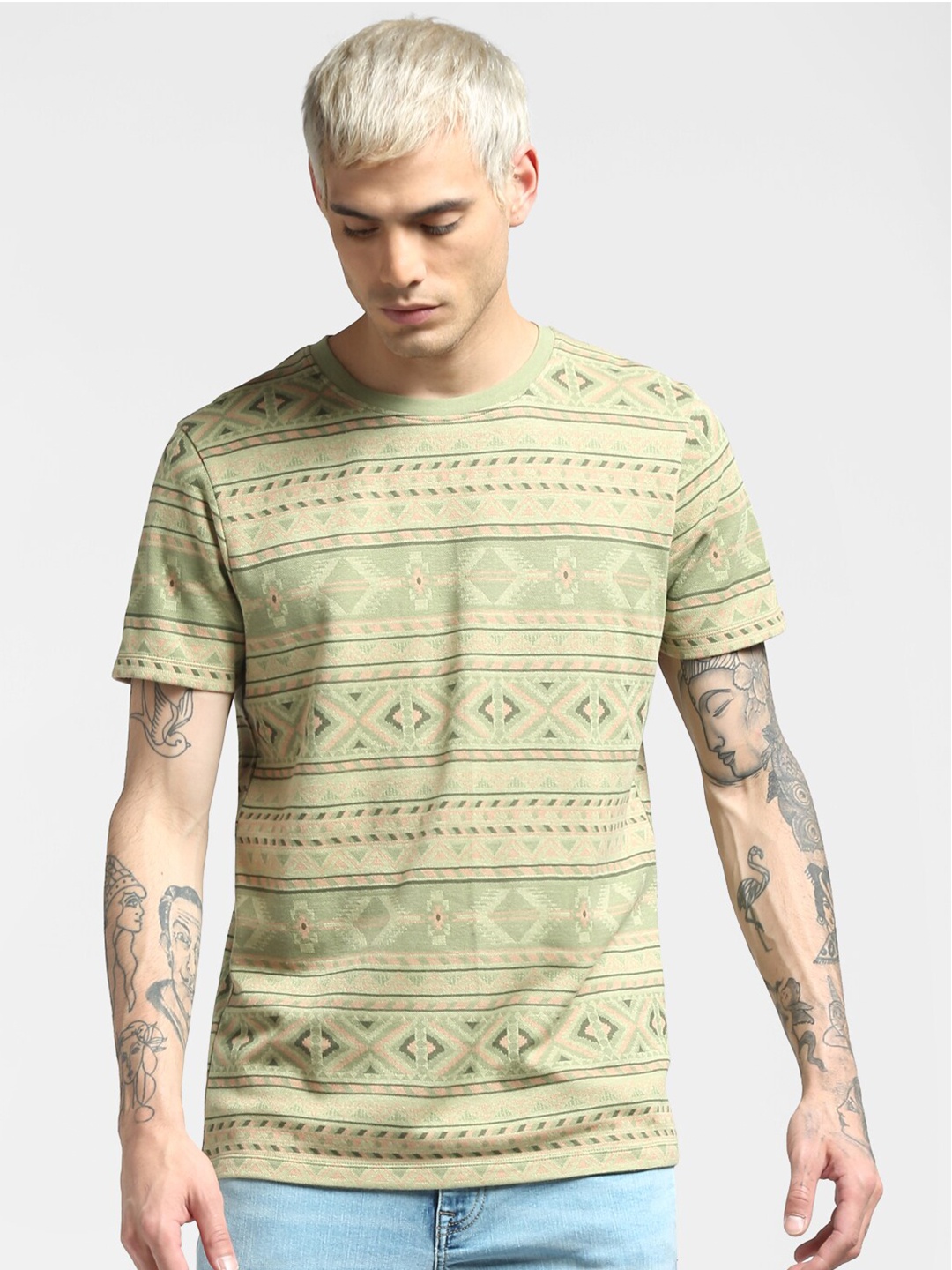 

Jack & Jones Men Green Tribal Printed Slim Fit Cotton T-shirt
