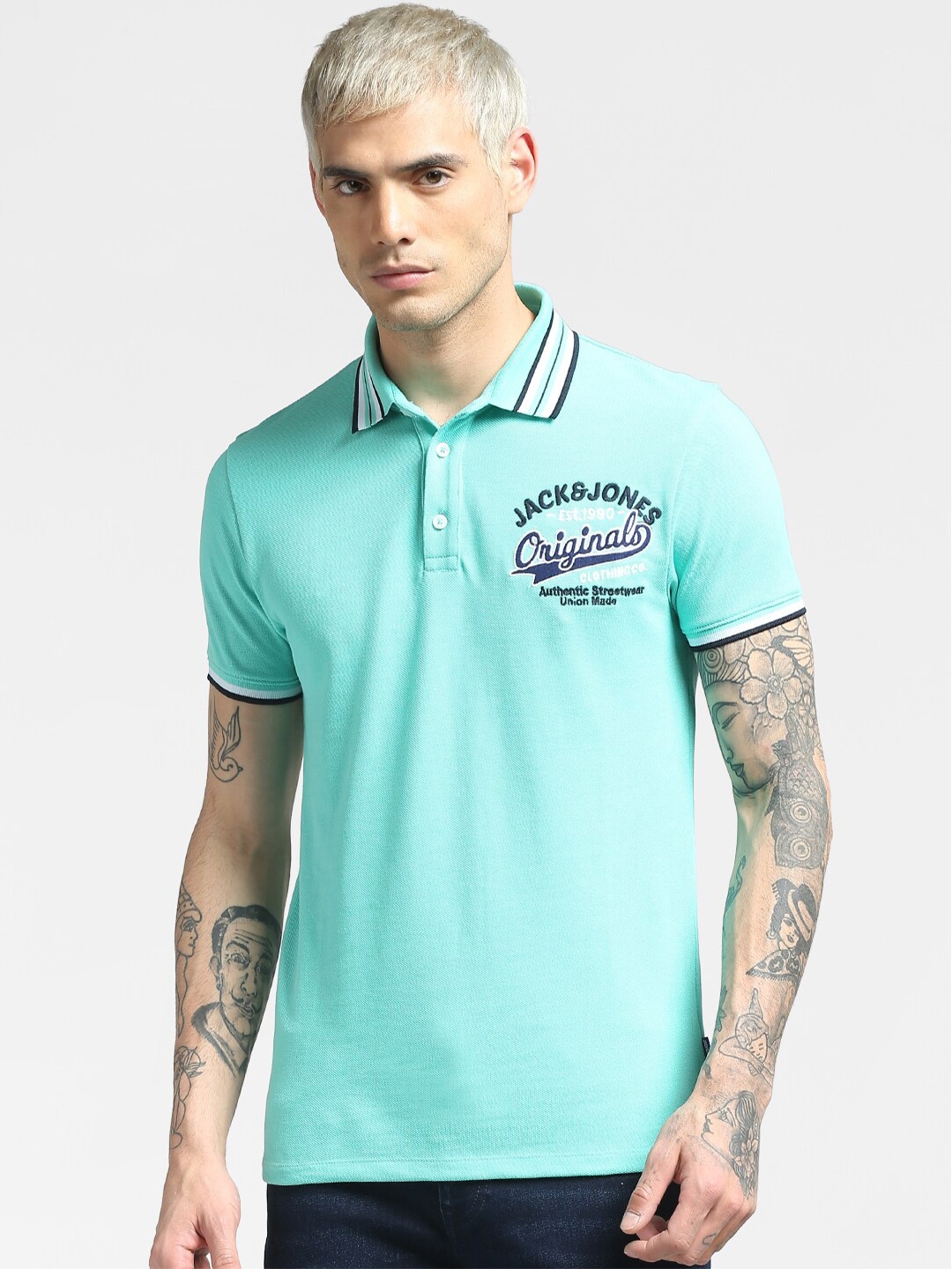 

Jack & Jones Men Turquoise Blue Typography Polo Collar Slim Fit T-shirt