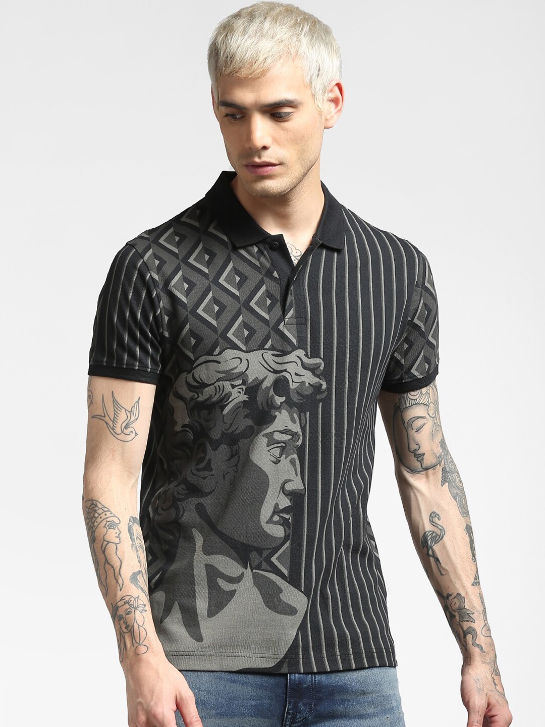 

Jack & Jones Men Black Printed Polo Collar Slim Fit Cotton T-shirt