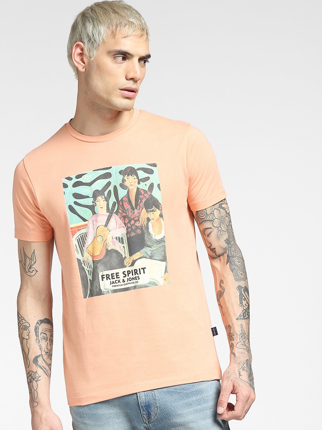 

Jack & Jones Men Orange Typography Printed Slim Fit Cotton T-shirt