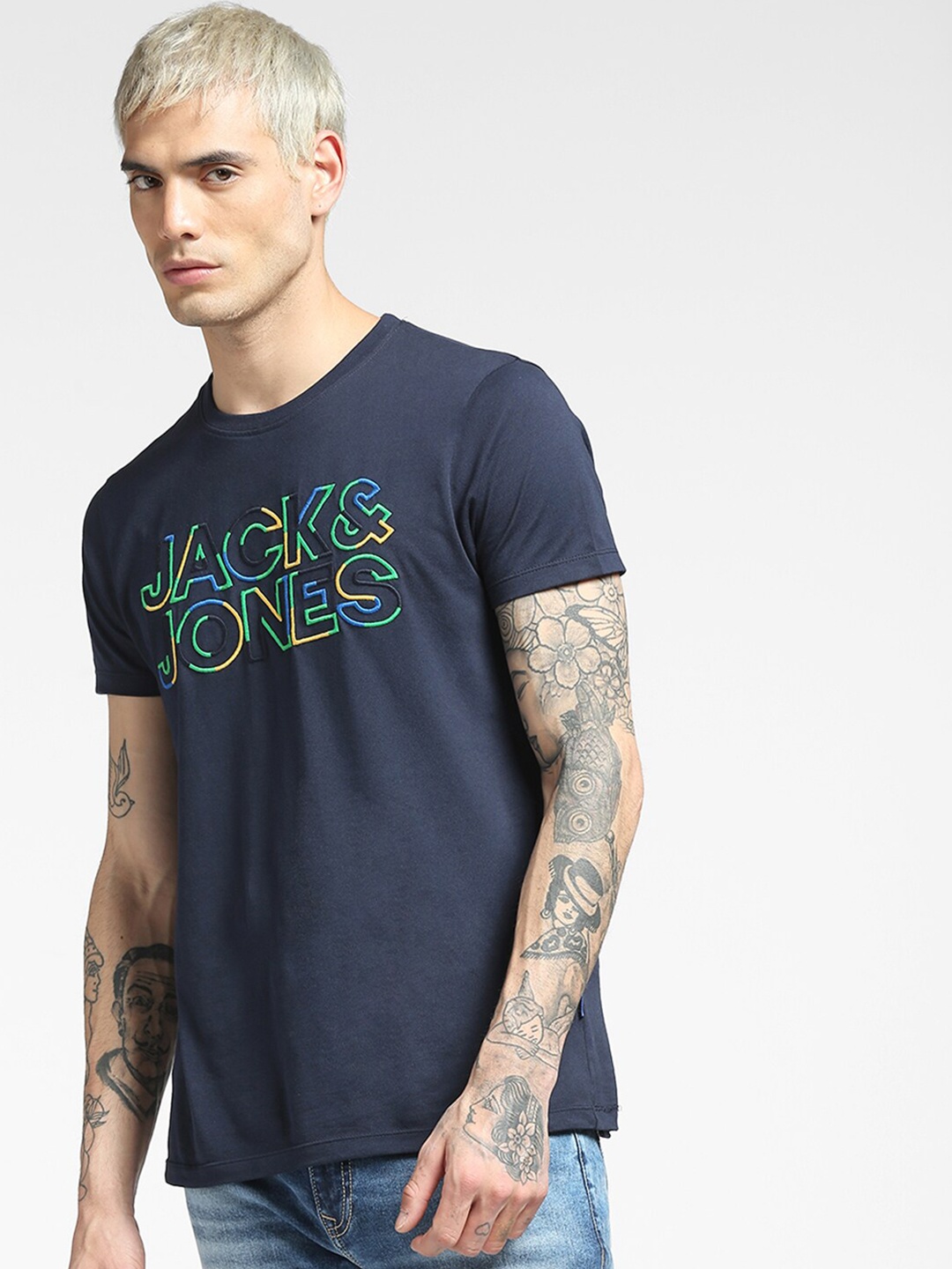 

Jack & Jones Men Navy Blue Typography Printed Slim Fit Cotton T-shirt