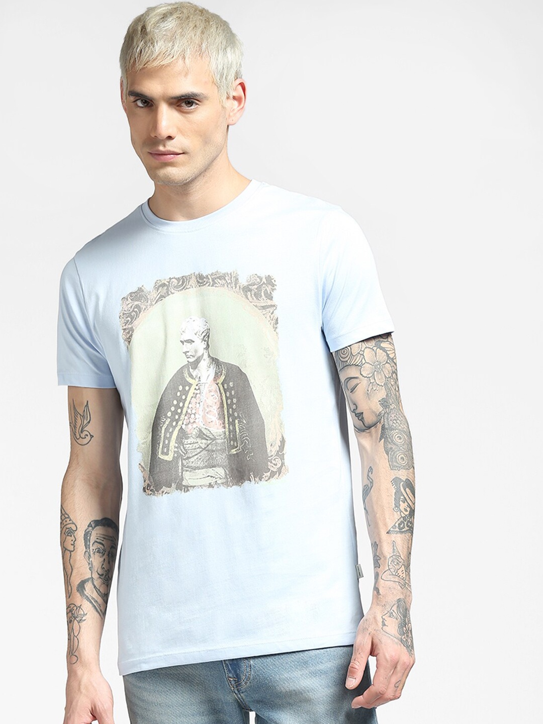 

Jack & Jones Men Blue Printed Slim Fit Cotton T-shirt