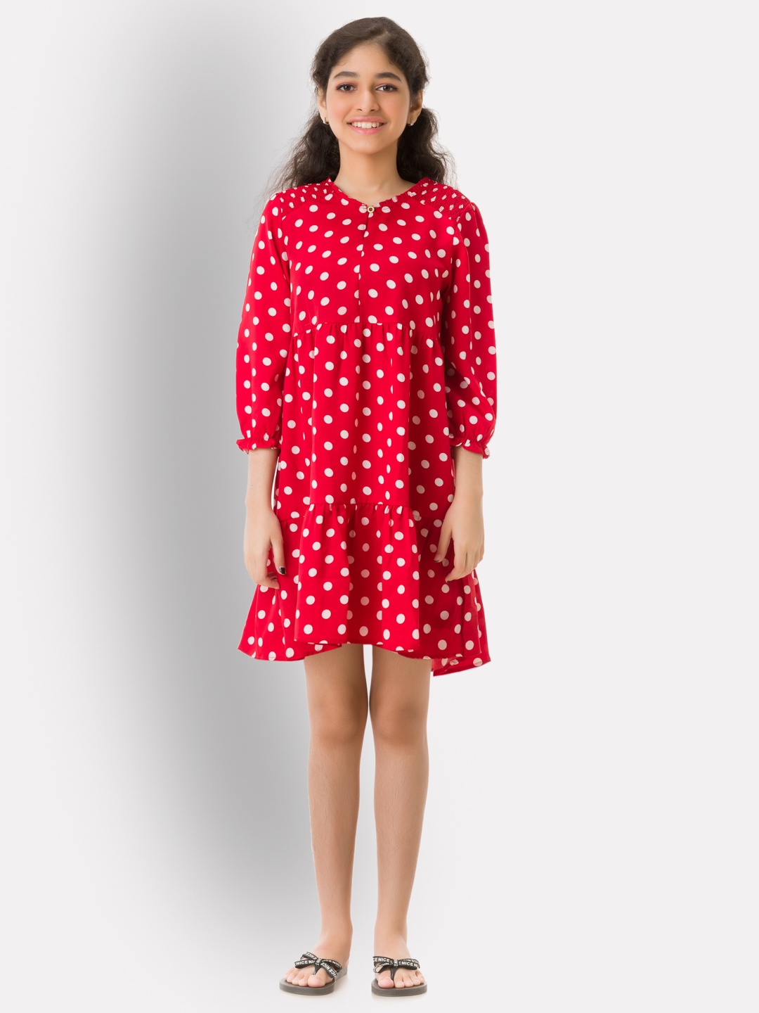 

Uptownie Lite Girls Red Crepe Polka Dot Knee Length A-Line Tiered Dress