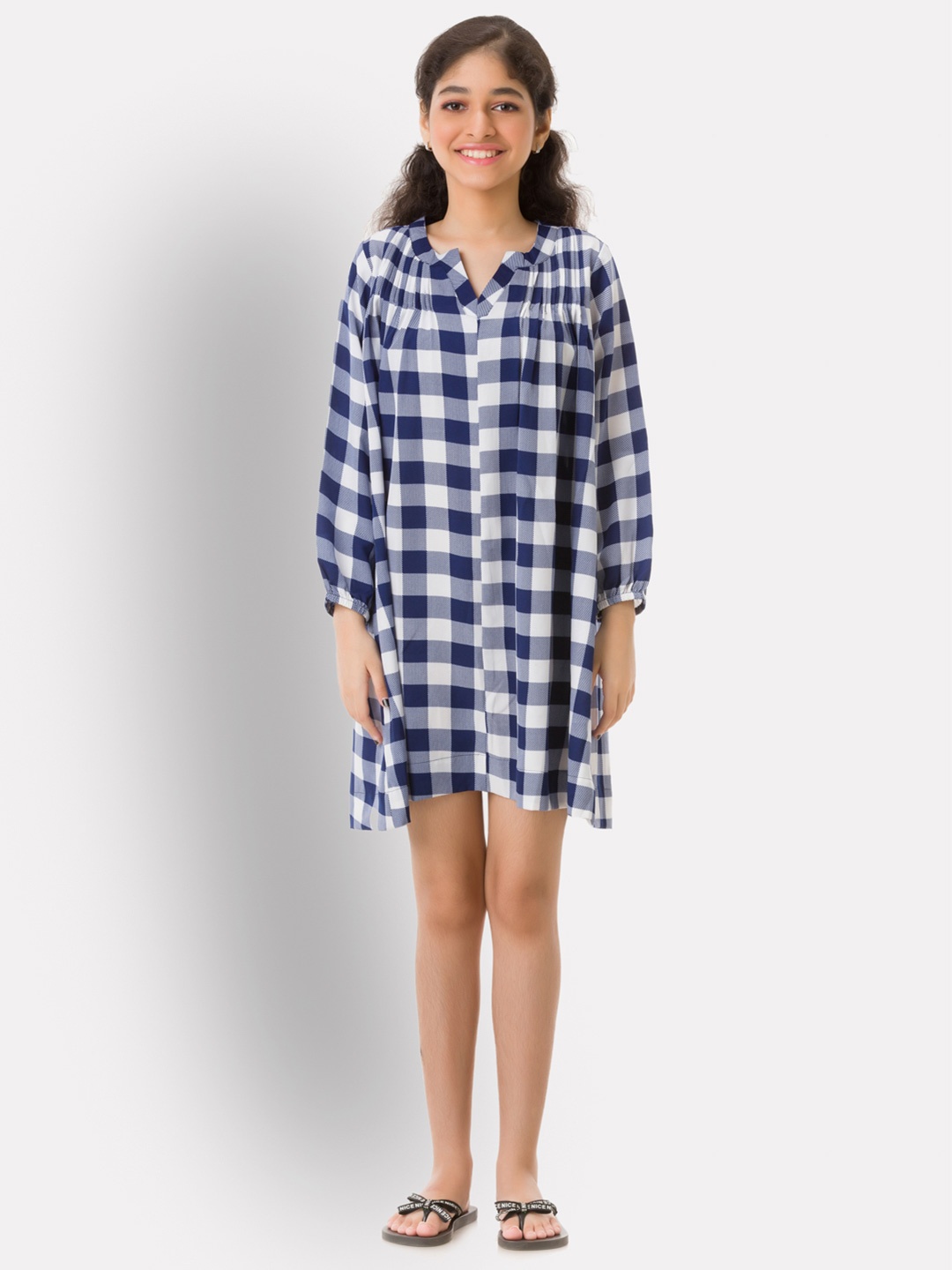 

Uptownie Lite Girls Blue Checked Crepe A-Line Dress