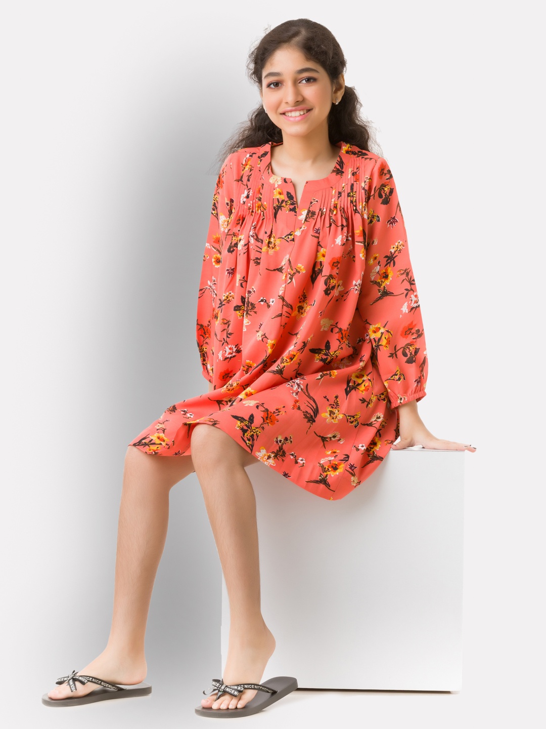 

Uptownie Lite Peach-Coloured & Black Floral Crepe A-Line Dress