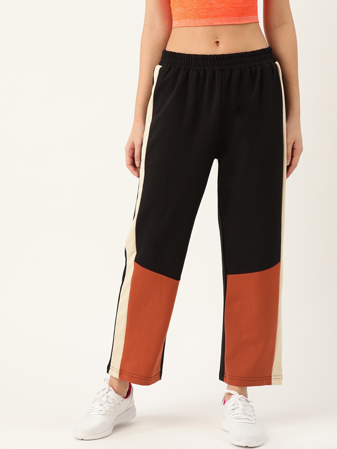 

Laabha Women Black & Rust Orange Colourblocked Track Pant