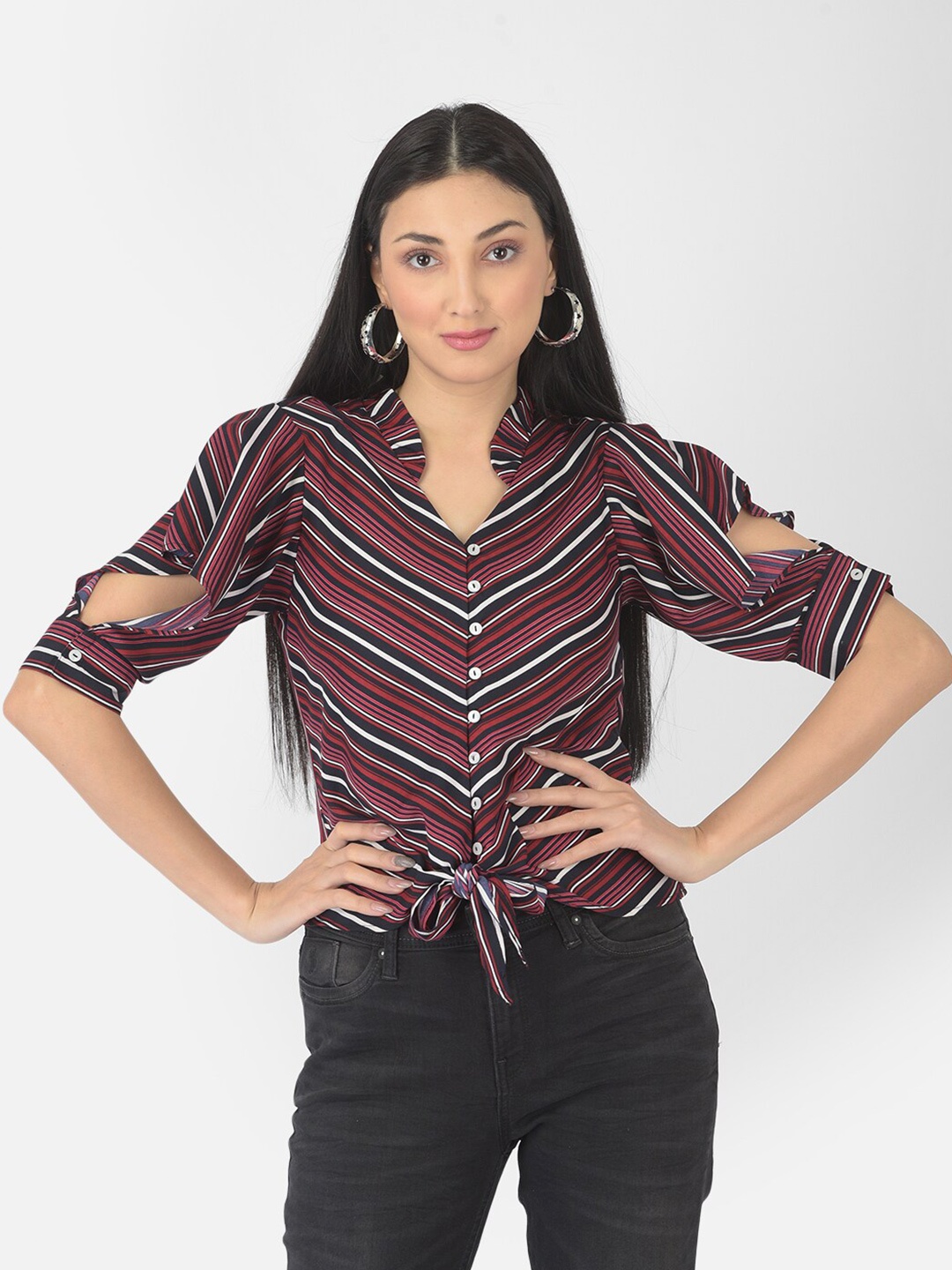 

Latin Quarters Women Red Striped Shirt Style Top