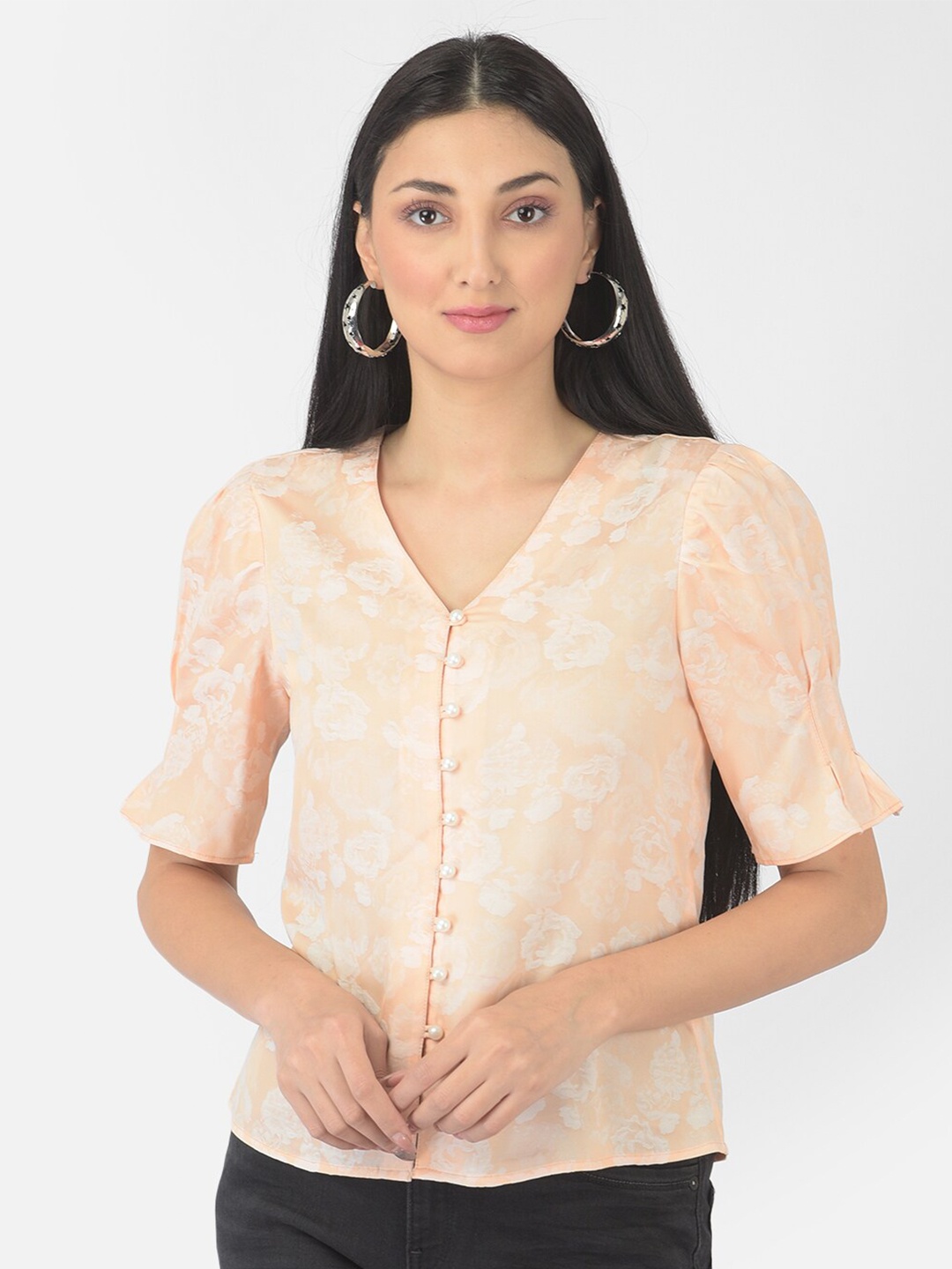 

Latin Quarters Peach-Coloured Floral Print Top