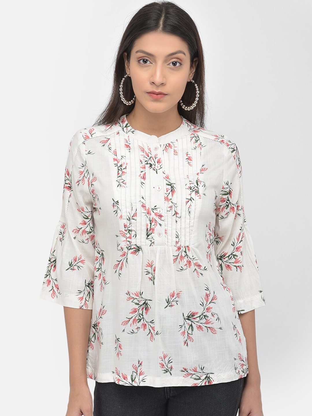 

Latin Quarters Cream-Coloured Floral Print Mandarin Collar Top