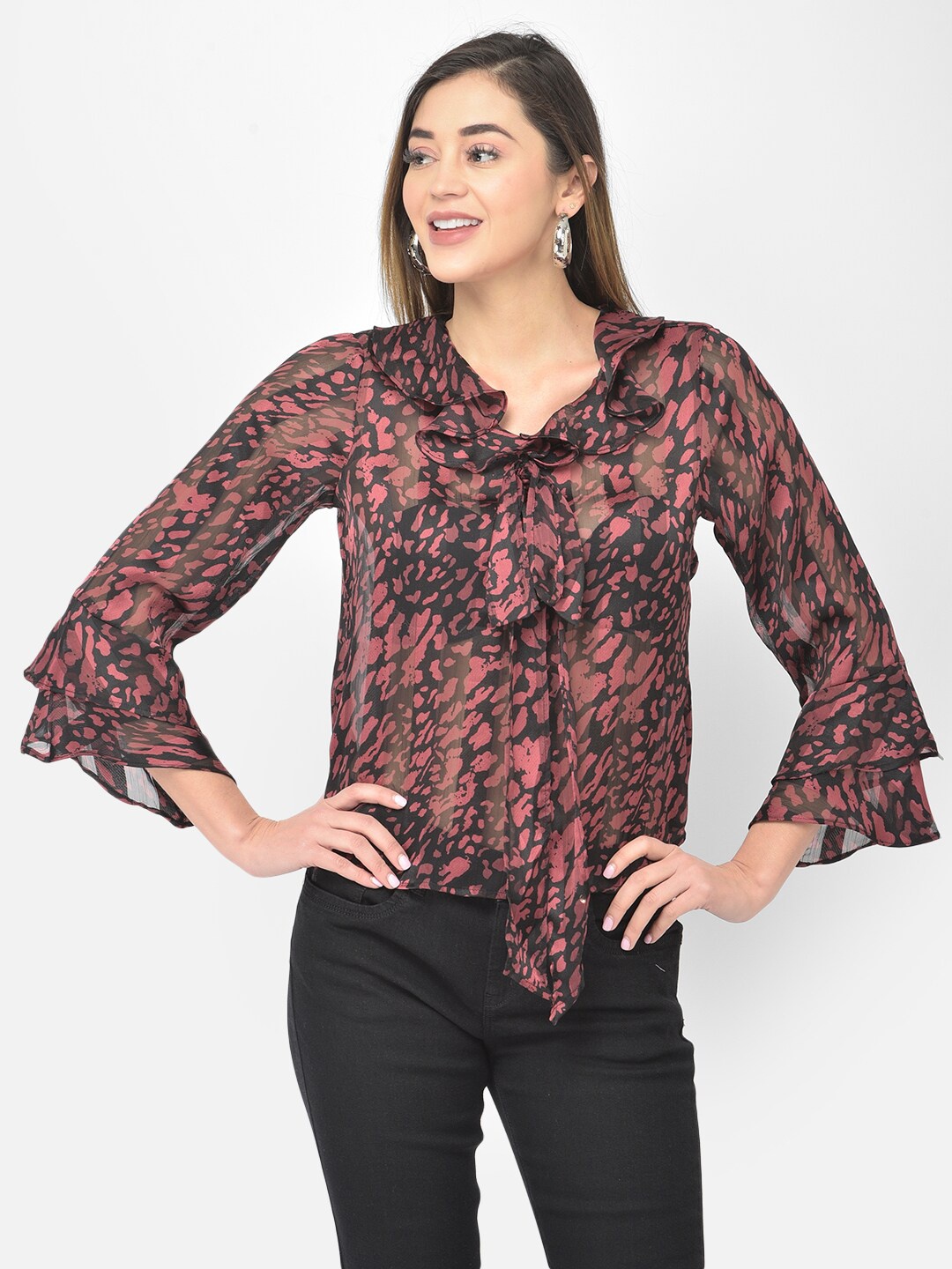 

Latin Quarters Women Maroon & Black Print Tie-Up Neck Ruffles Top