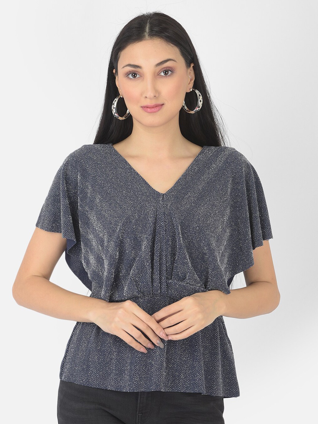

Latin Quarters Blue & Silver-Toned Embellished Cinched Waist Top