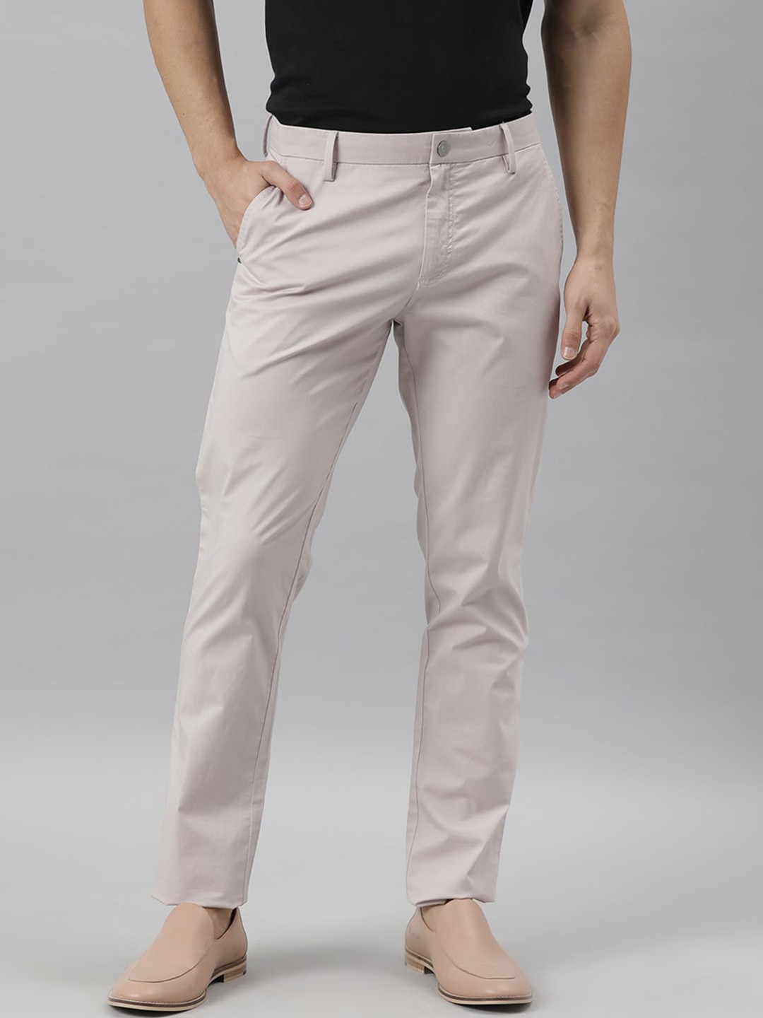 

RARE RABBIT Men Grey Tailored Slim Fit Cotton Trousers