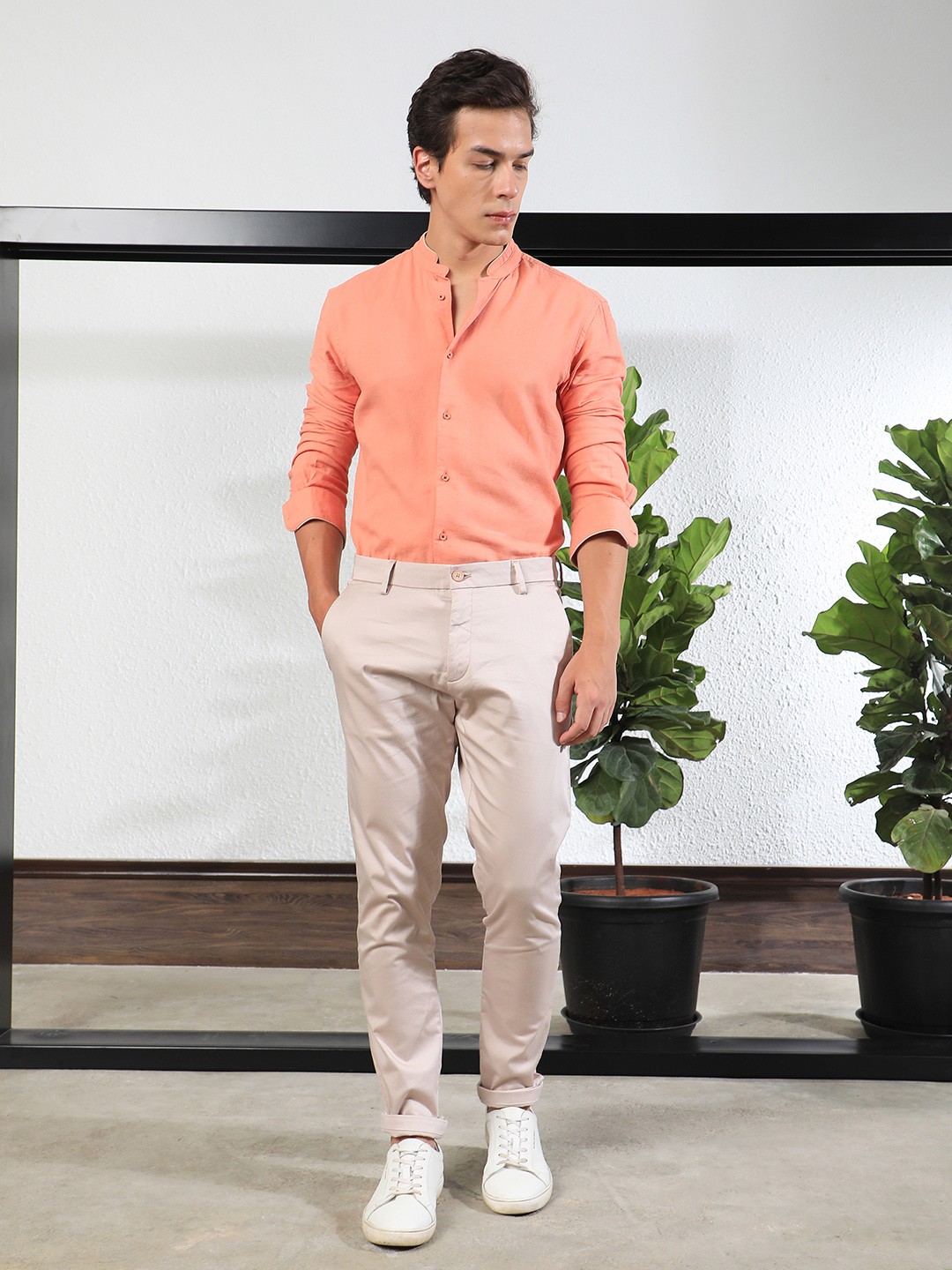

RARE RABBIT Men Beige Tailored Slim Fit Cotton Trousers