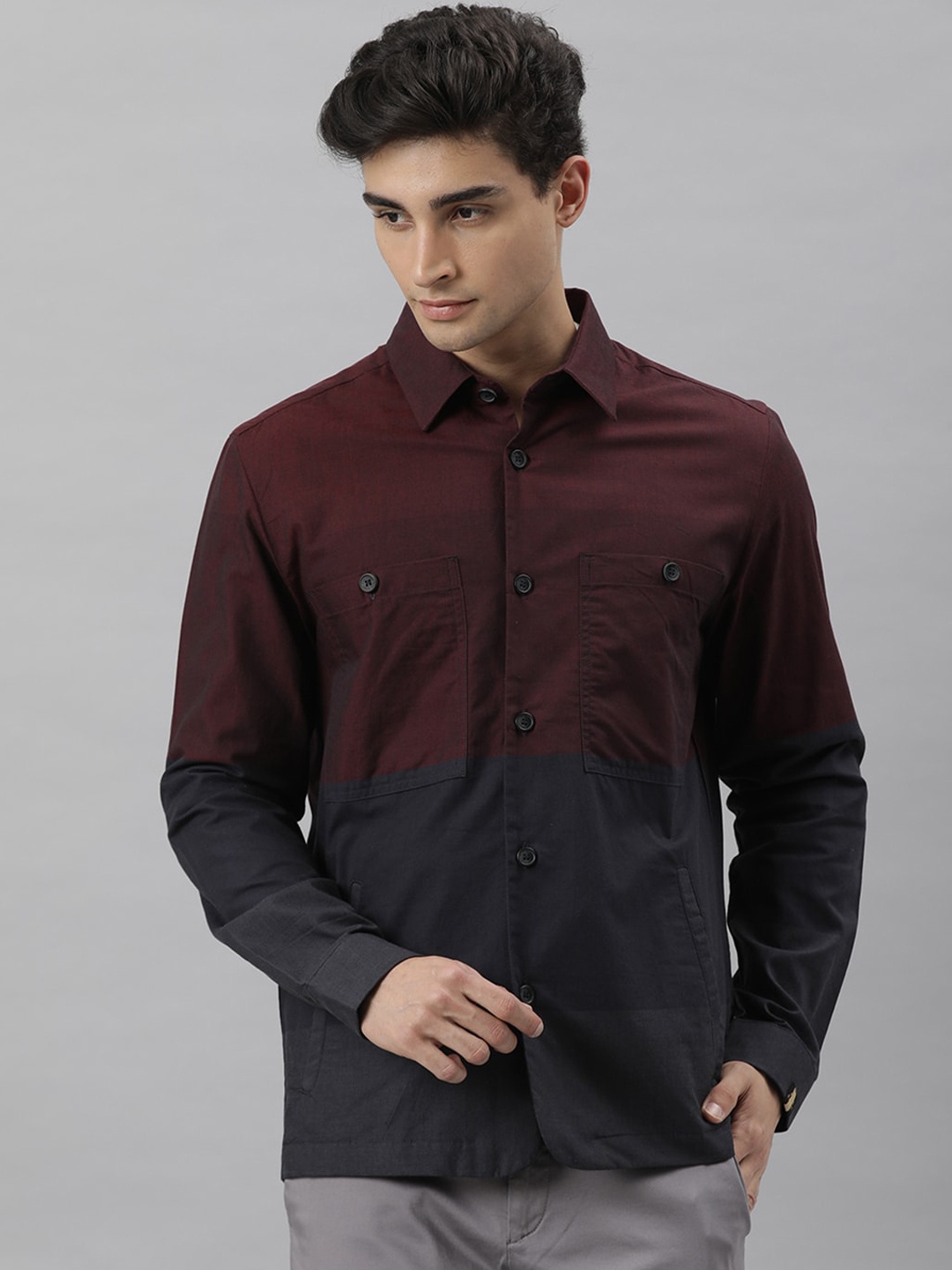 

RARE RABBIT Men Maroon Black Colourblocked Tailored Cotton Jacket
