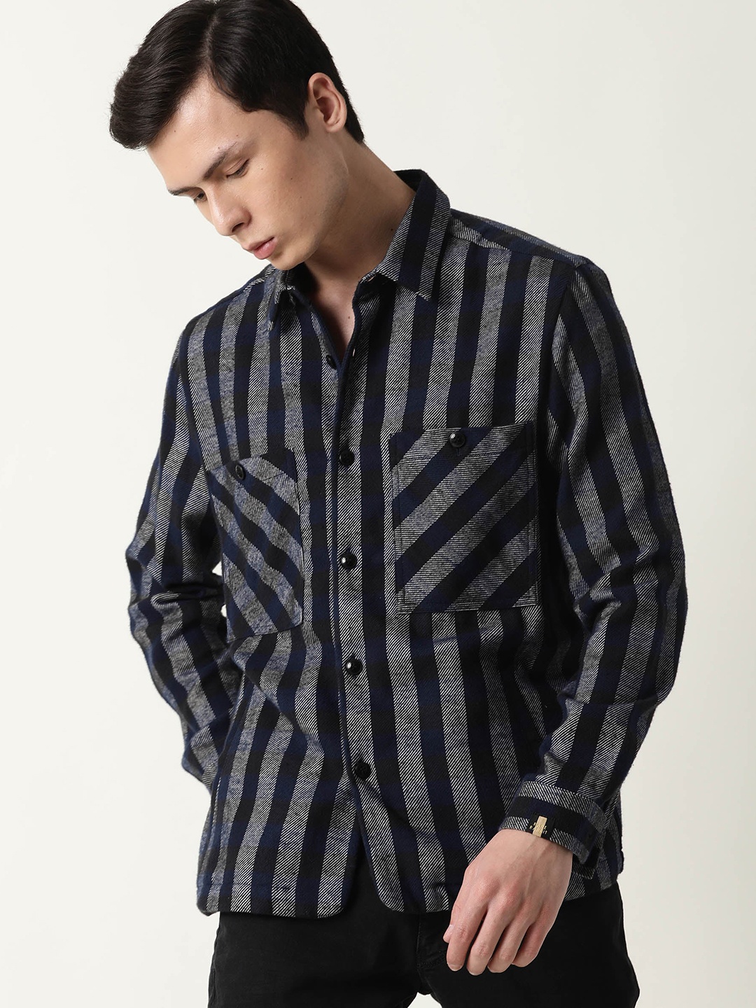 

RARE RABBIT Men Flan Slim Fit Striped Cotton Jacket, Navy blue