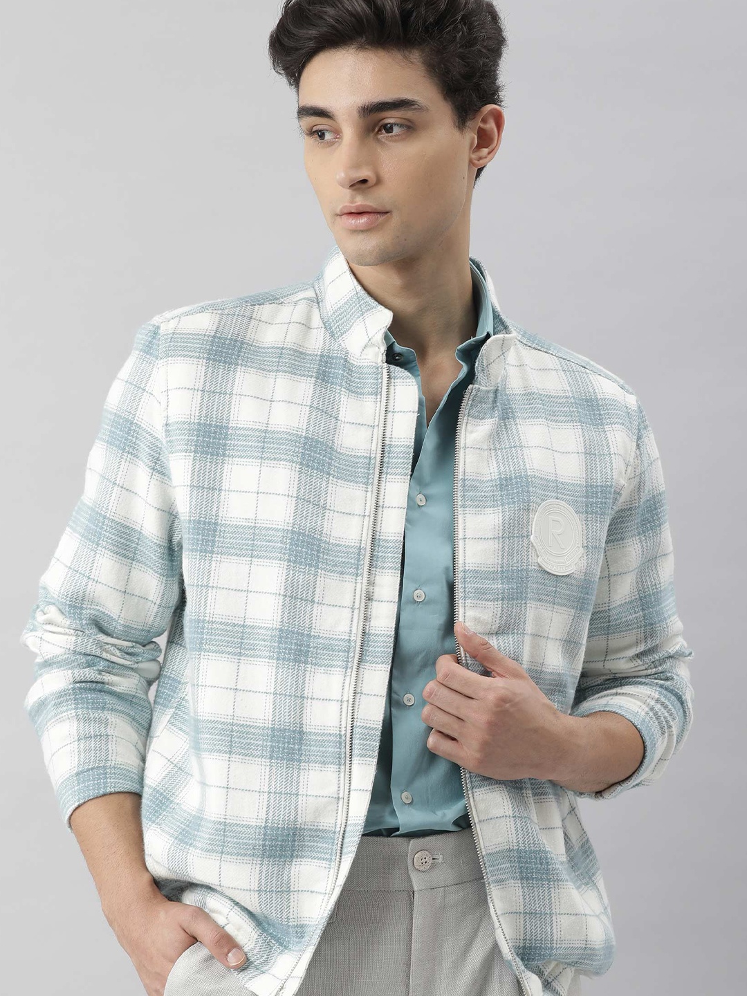 

RARE RABBIT Men Off White Checked Longline Tailored Jacket