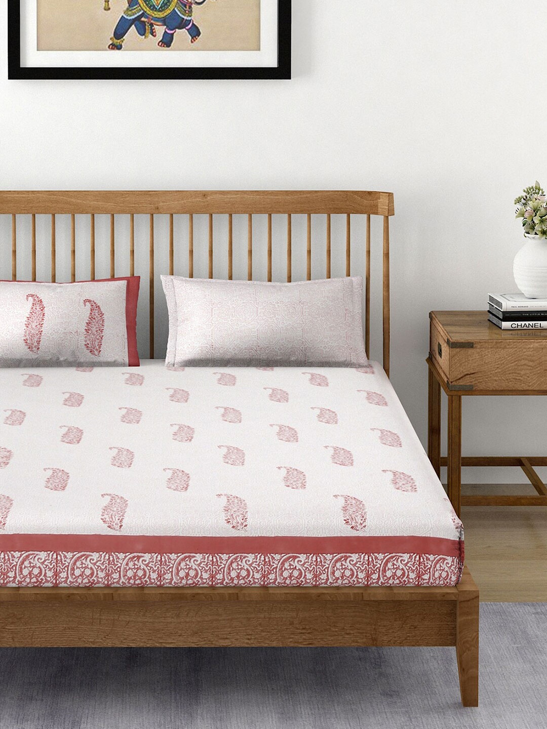 

EK BY EKTA KAPOOR Beige Alankar Hand Block 120 TC Cotton King Bedsheet with 2 Pillow Cover