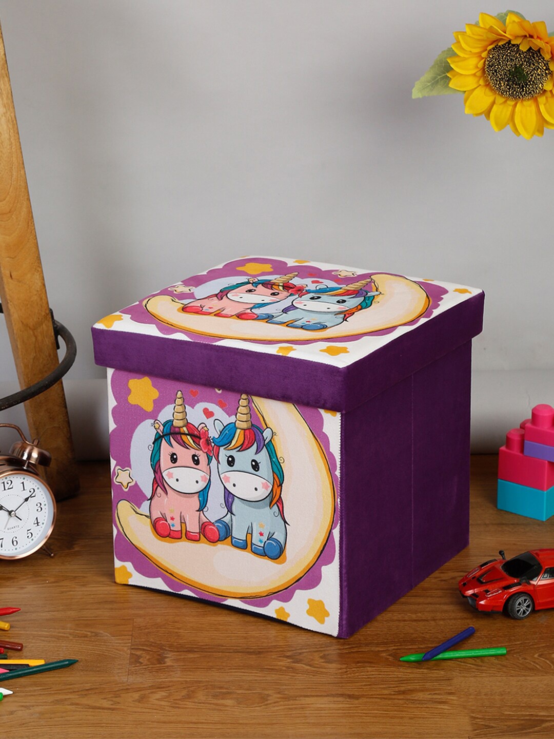 

HOSTA HOMES Purple Velvet Printed Foldable Ottoman Stool Cum Storage Organiser