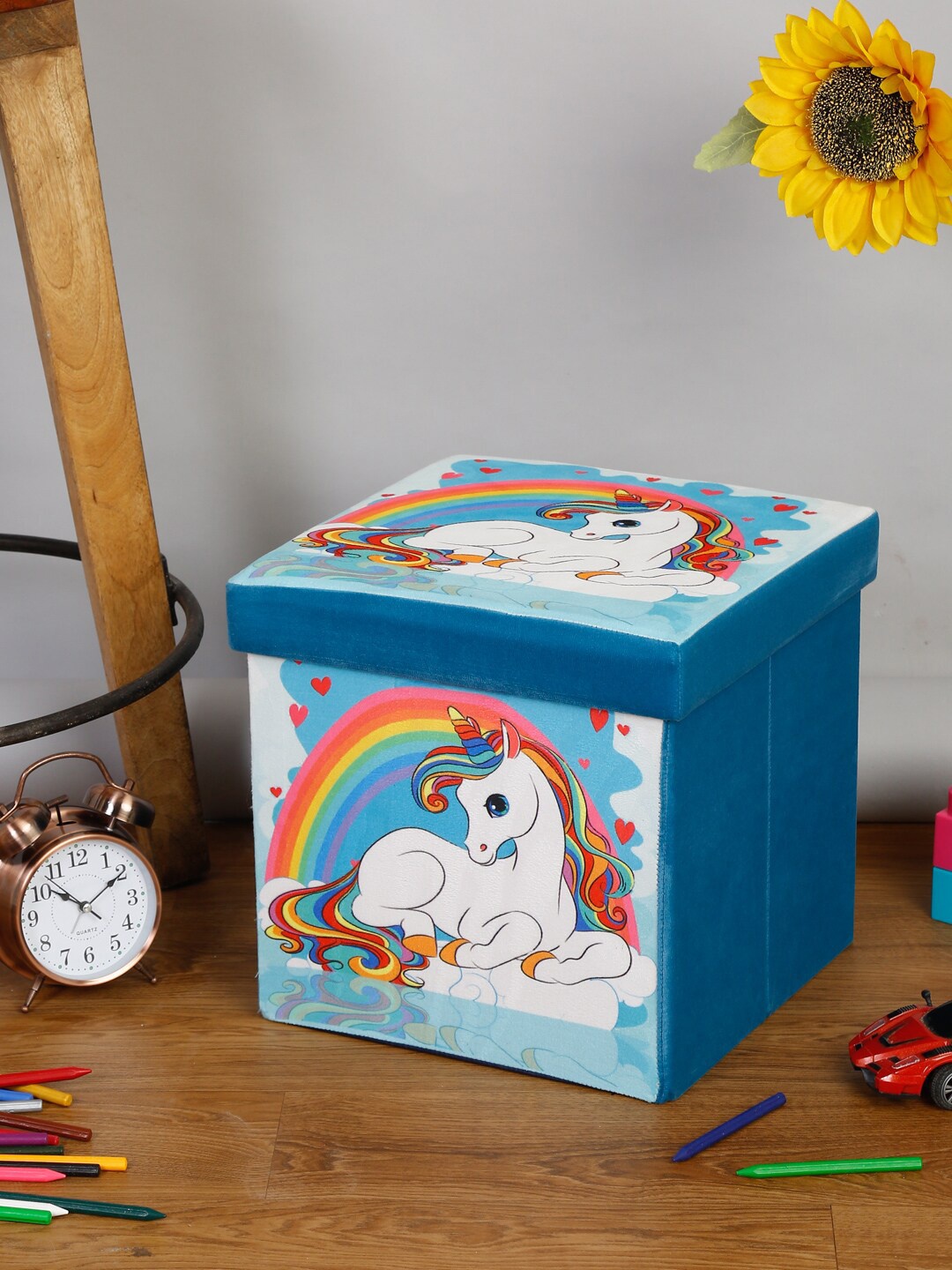 

HOSTA HOMES Kids Blue & White Printed Ottoman Storage Box Cum Stool, Multi