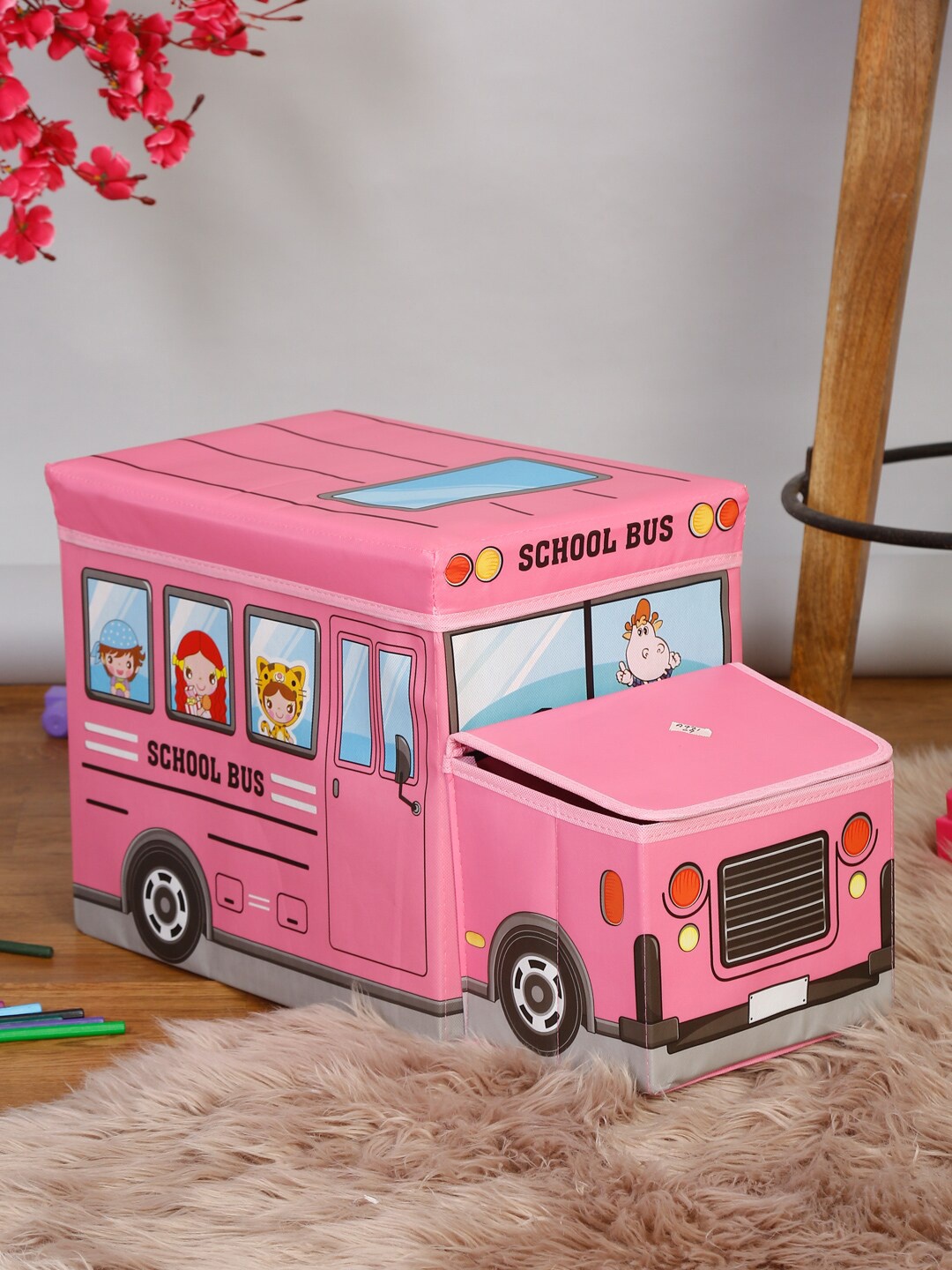 HOSTA HOMES Kids Pink & Blue Printed Stool Cum Storage Organiser