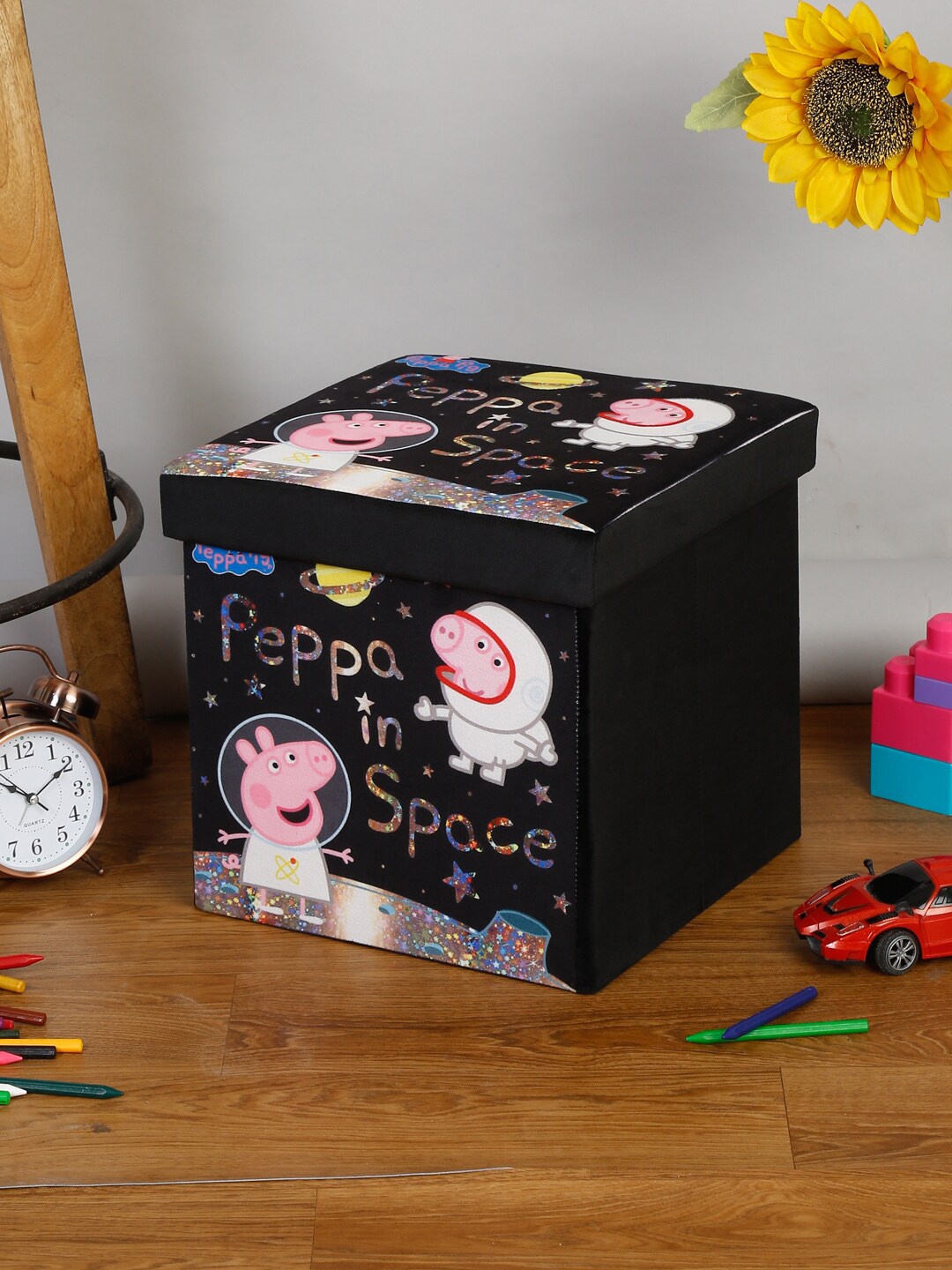 

HOSTA HOMES Kids Black Printed Stool Foldable Ottoman Storage Organisers