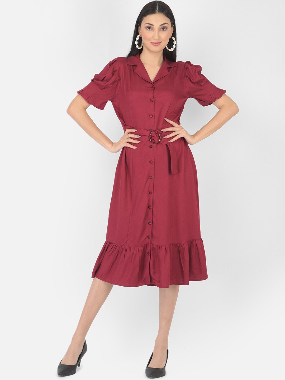 

Latin Quarters Maroon Solid Shirt Midi Dress