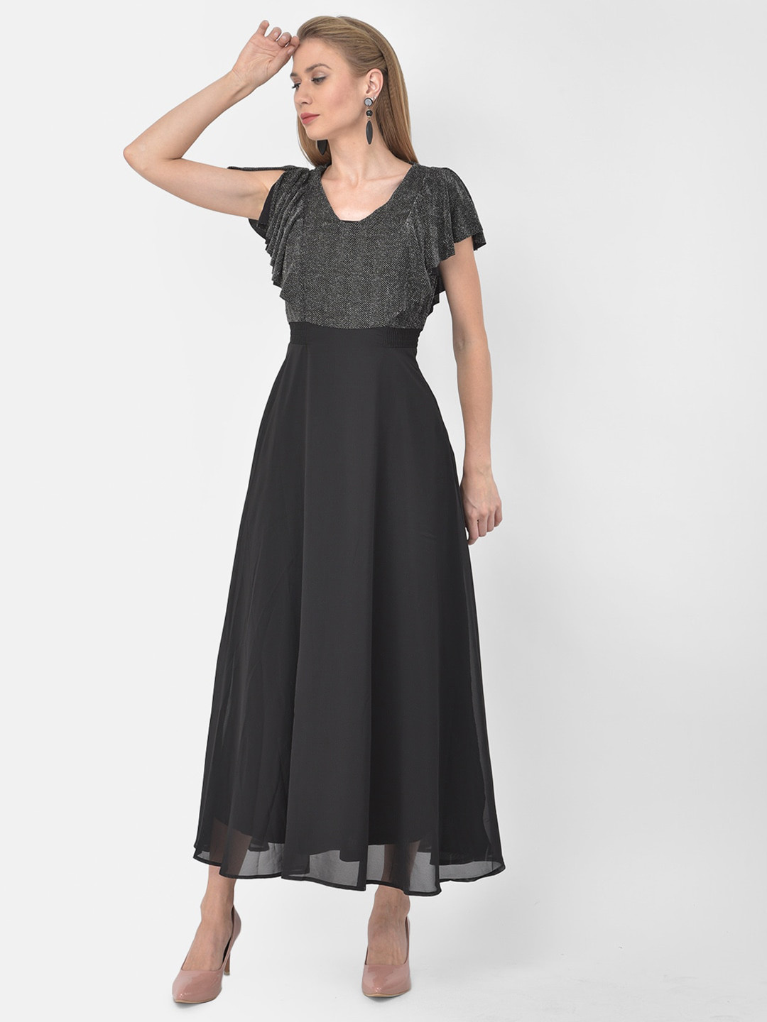 

Latin Quarters Women Black Cap Sleeve Polyester Maxi Dress
