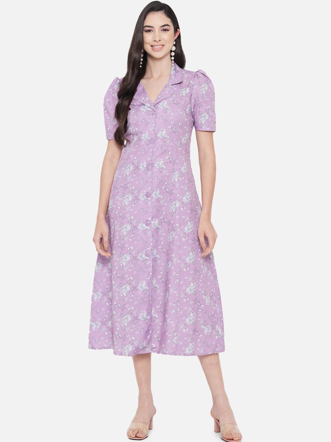 

Orchid Blues Women Lavender Floral Printed Cotton A-Line Midi Dress