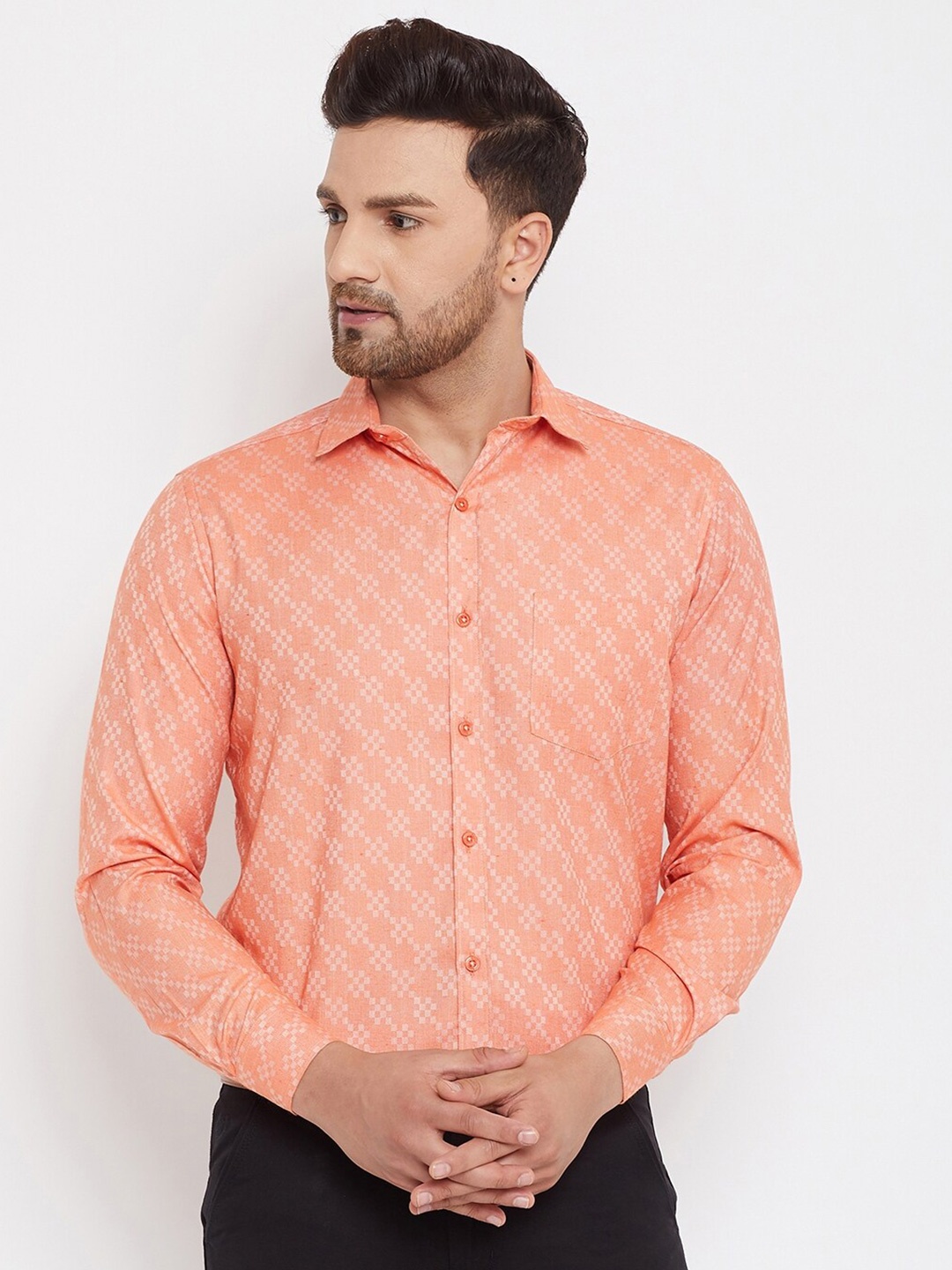 

D Kumar Men Orange Standard Self Design Formal Shirt