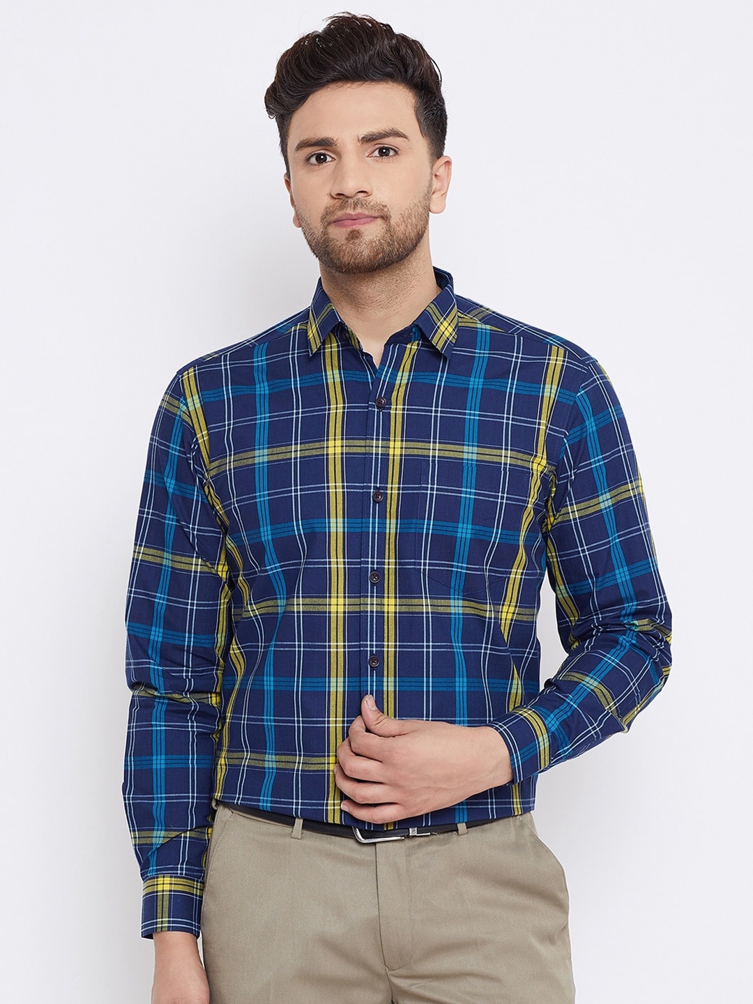 

D Kumar Men Navy Blue & Yellow Standard Checked Cotton Casual Shirt