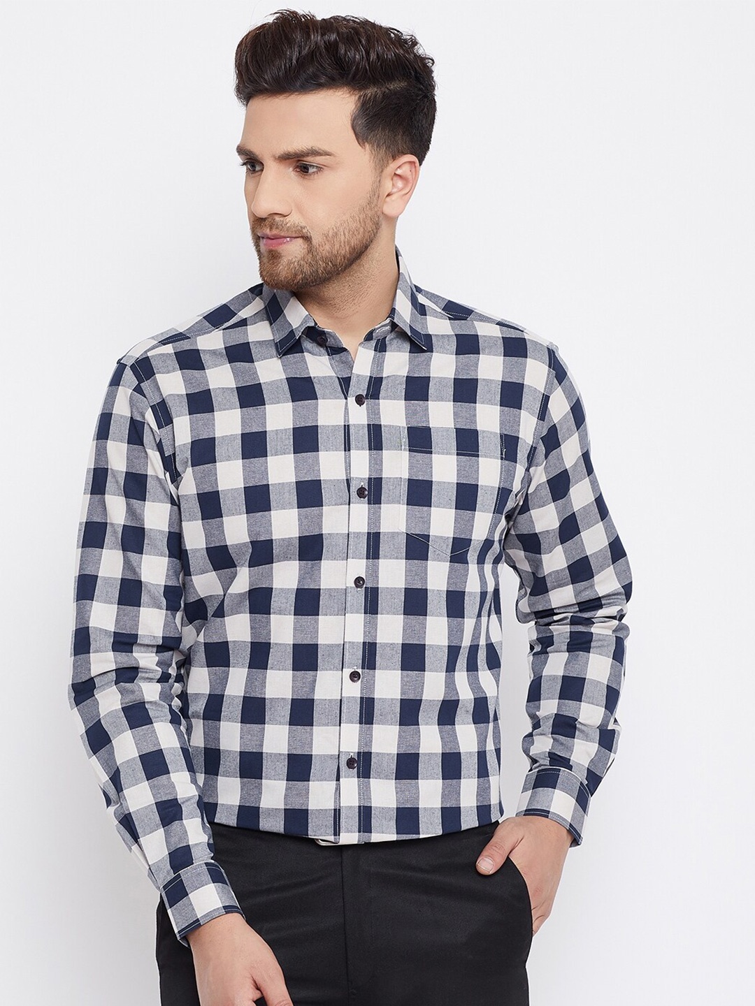 

D Kumar Men Navy Blue & White Standard Checked Cotton Formal Shirt