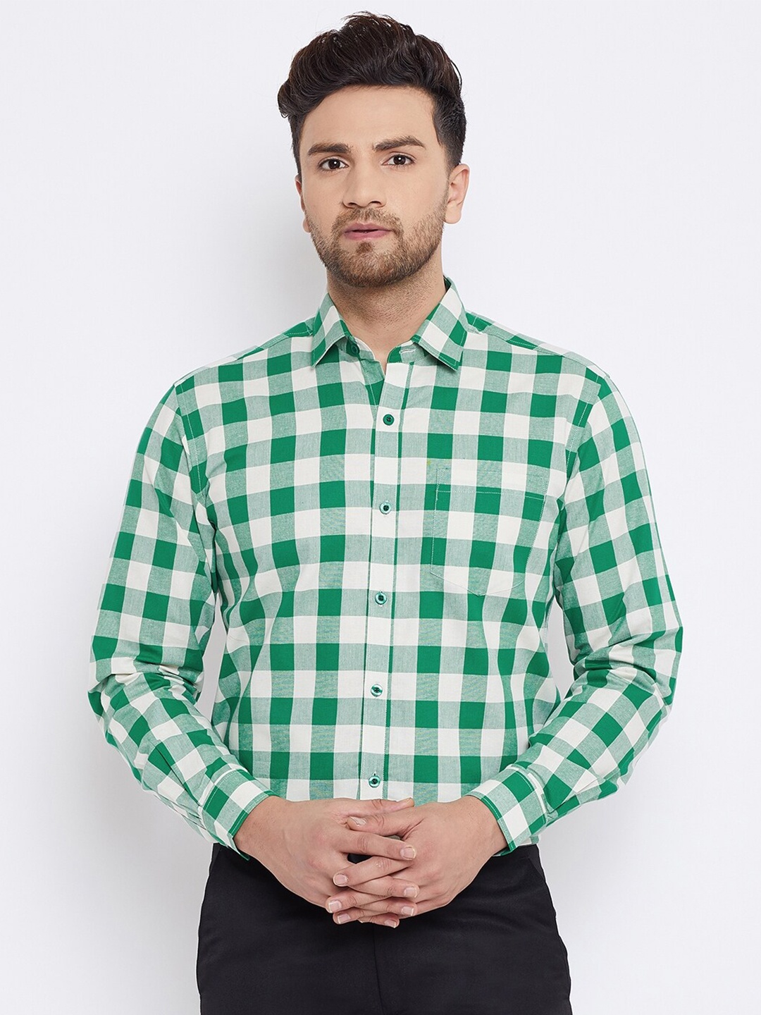 

D Kumar Men Green & White Standard Checked Cotton Formal Shirt