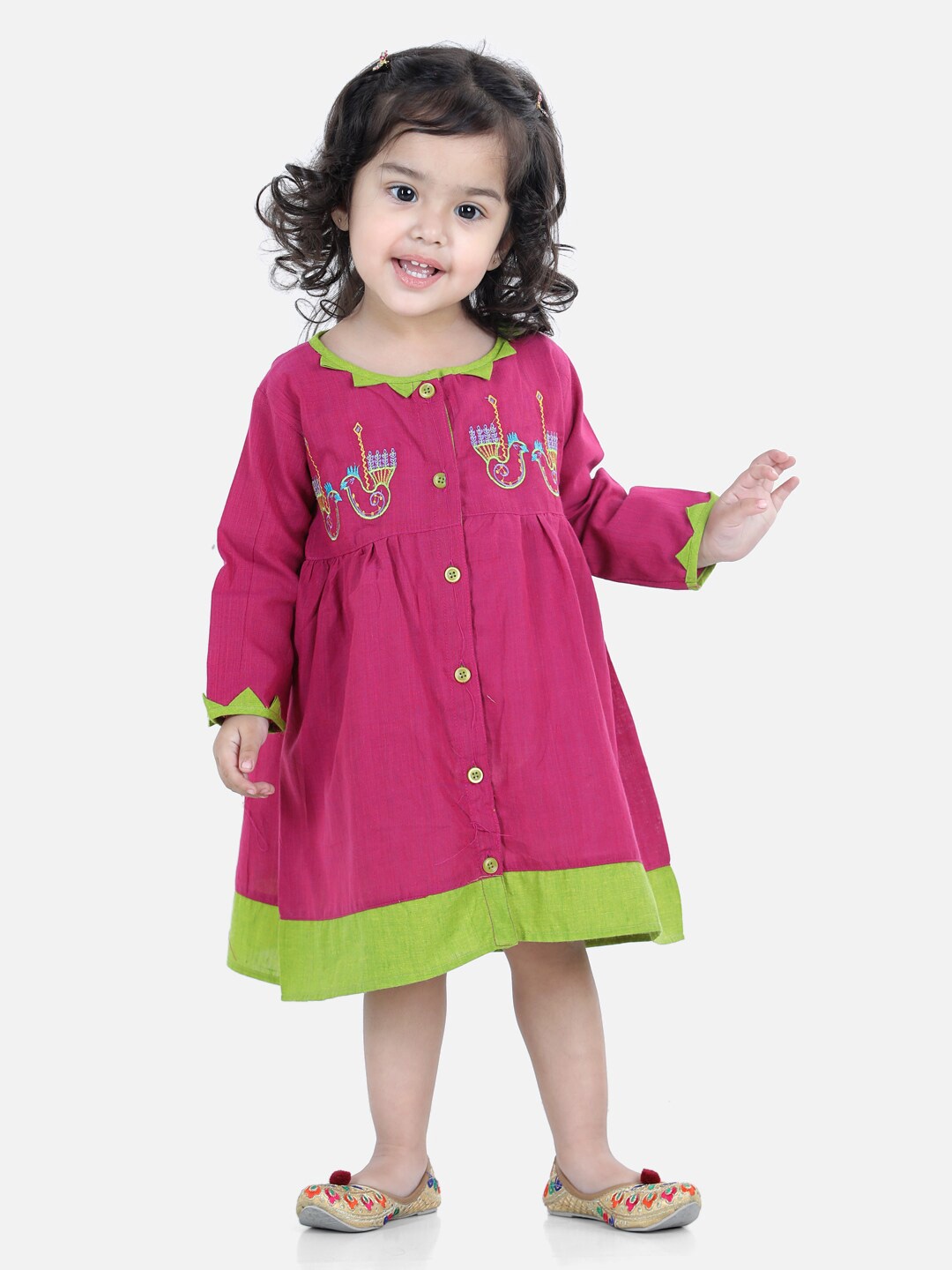

BownBee Girls Purple & Green Floral Embroidered Cotton A-Line Dress