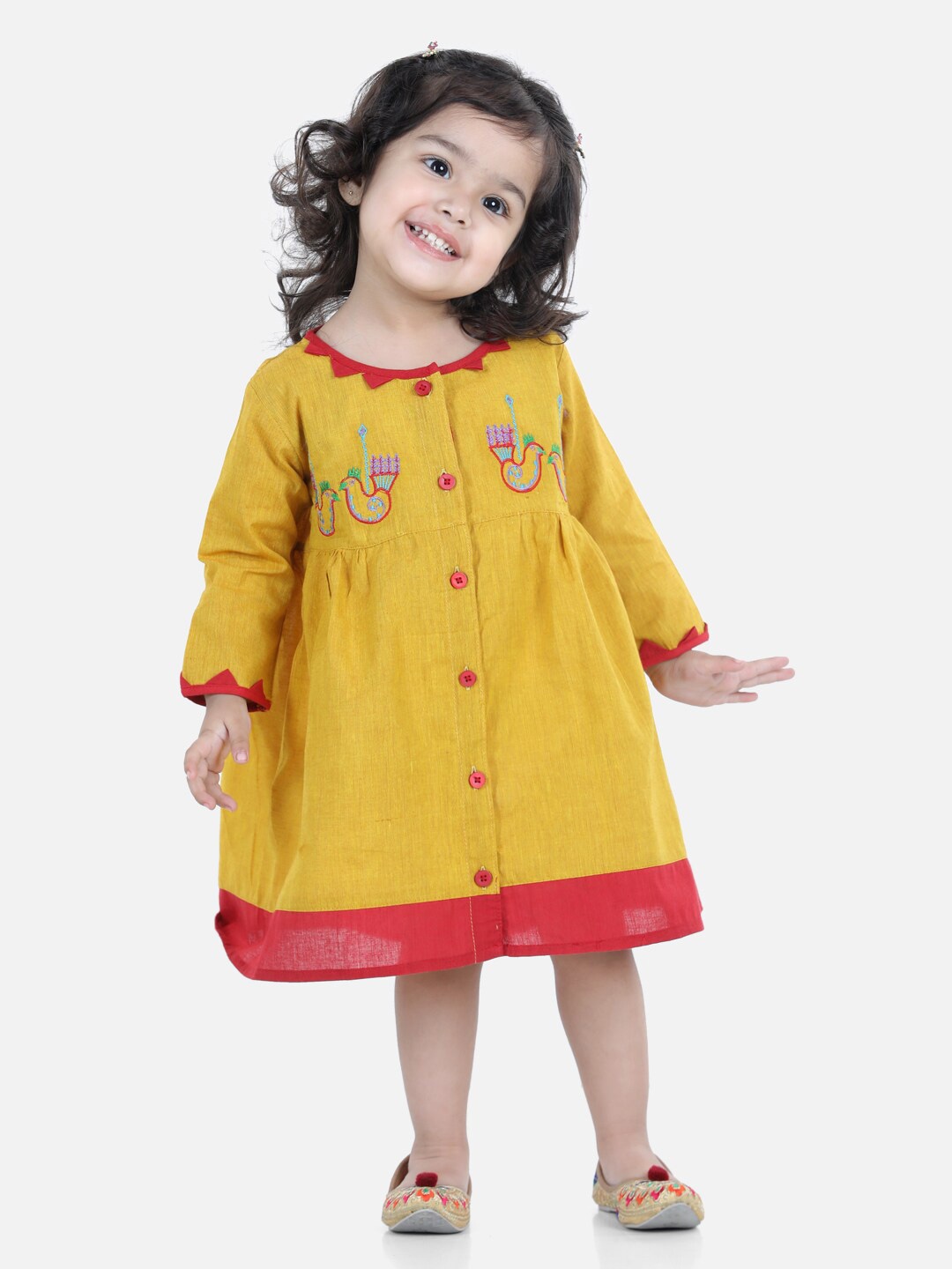 

BownBee Girls Yellow & Red Floral Embroidered Cotton A-Line Ethnic Dress
