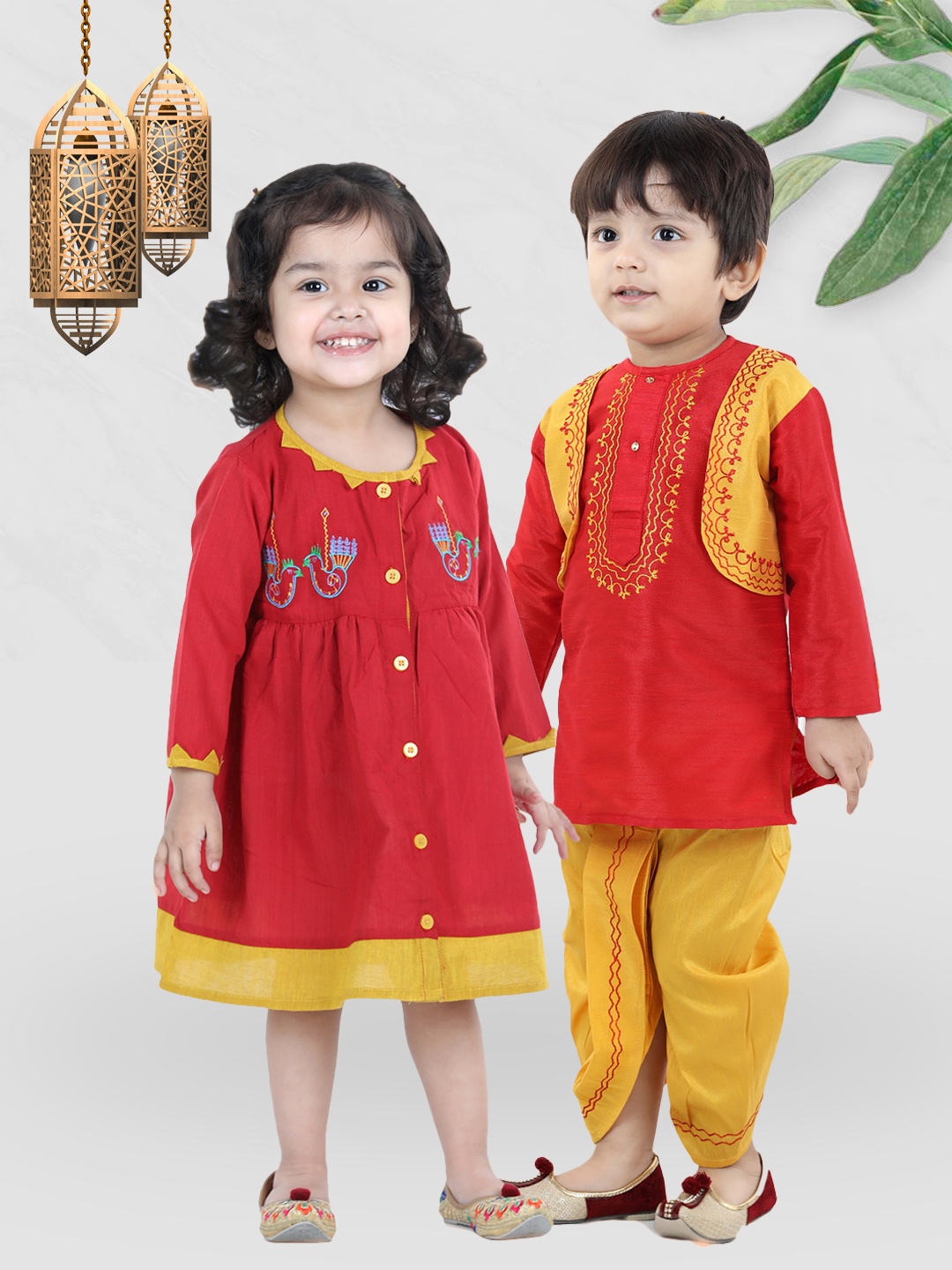

BownBee Girls Red & Blue Ethnic Motifs Embroidered Cotton A-Line Midi Dress