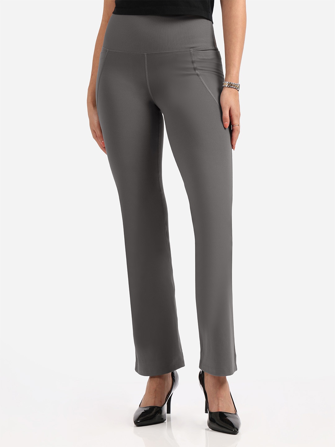 

Blissclub Women Grey Regular High Waisted Flare Pants with 4 Pockets