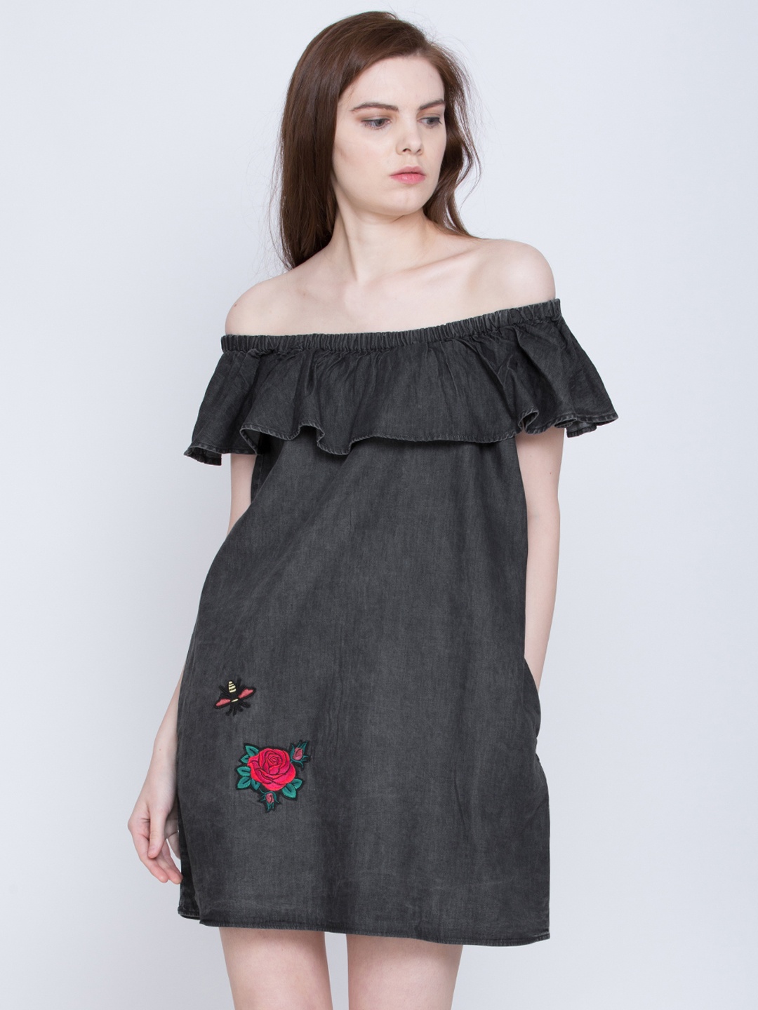 

Tokyo Talkies Women Charcoal Grey Off-Shoulder Dress