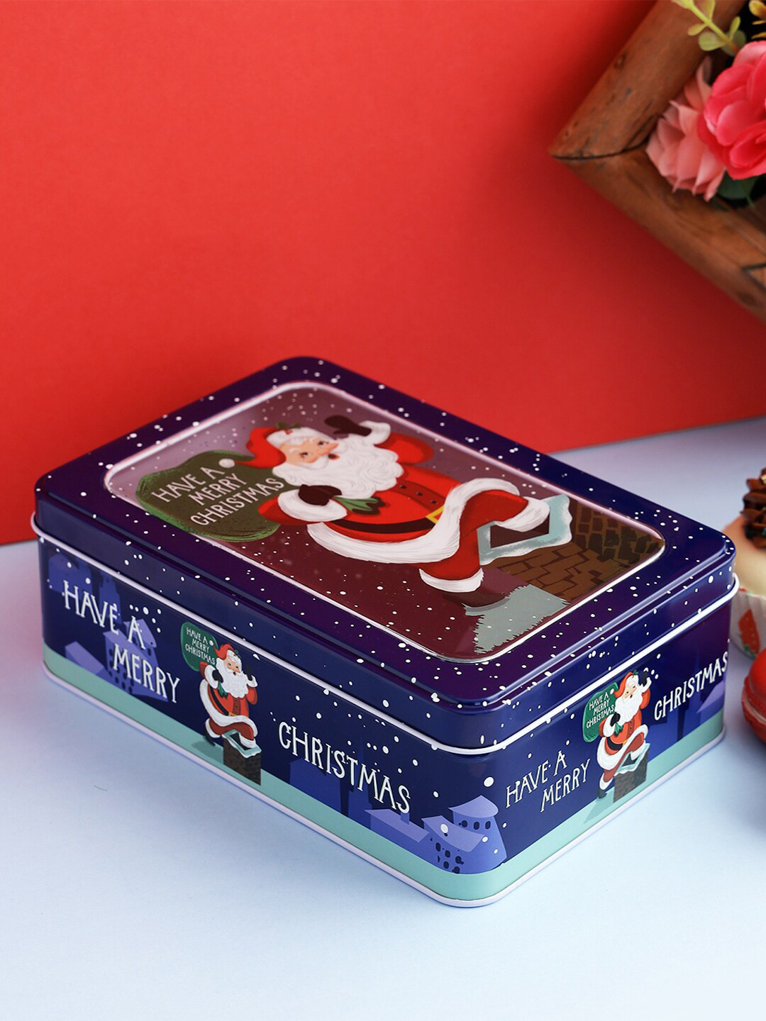 

A Vintage Affair- Home Decor Blue & White Printed Snowfall Santa Cookie Box Kitchen Storage