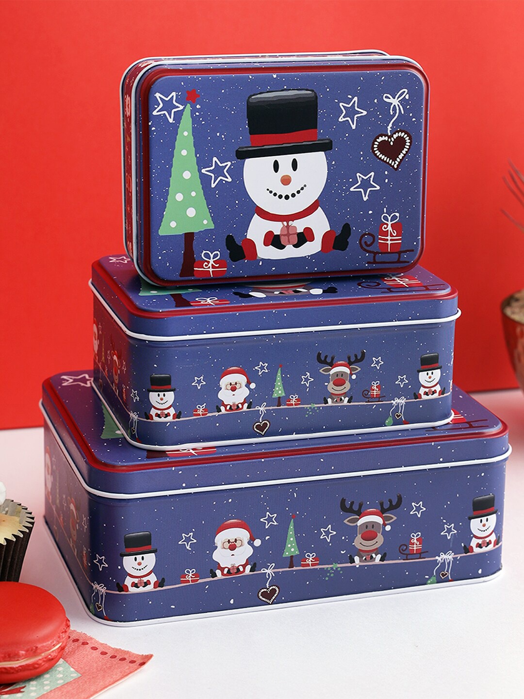 

A Vintage Affair- Home Decor Blue Printed Set of 3 Kitchen Storage Box