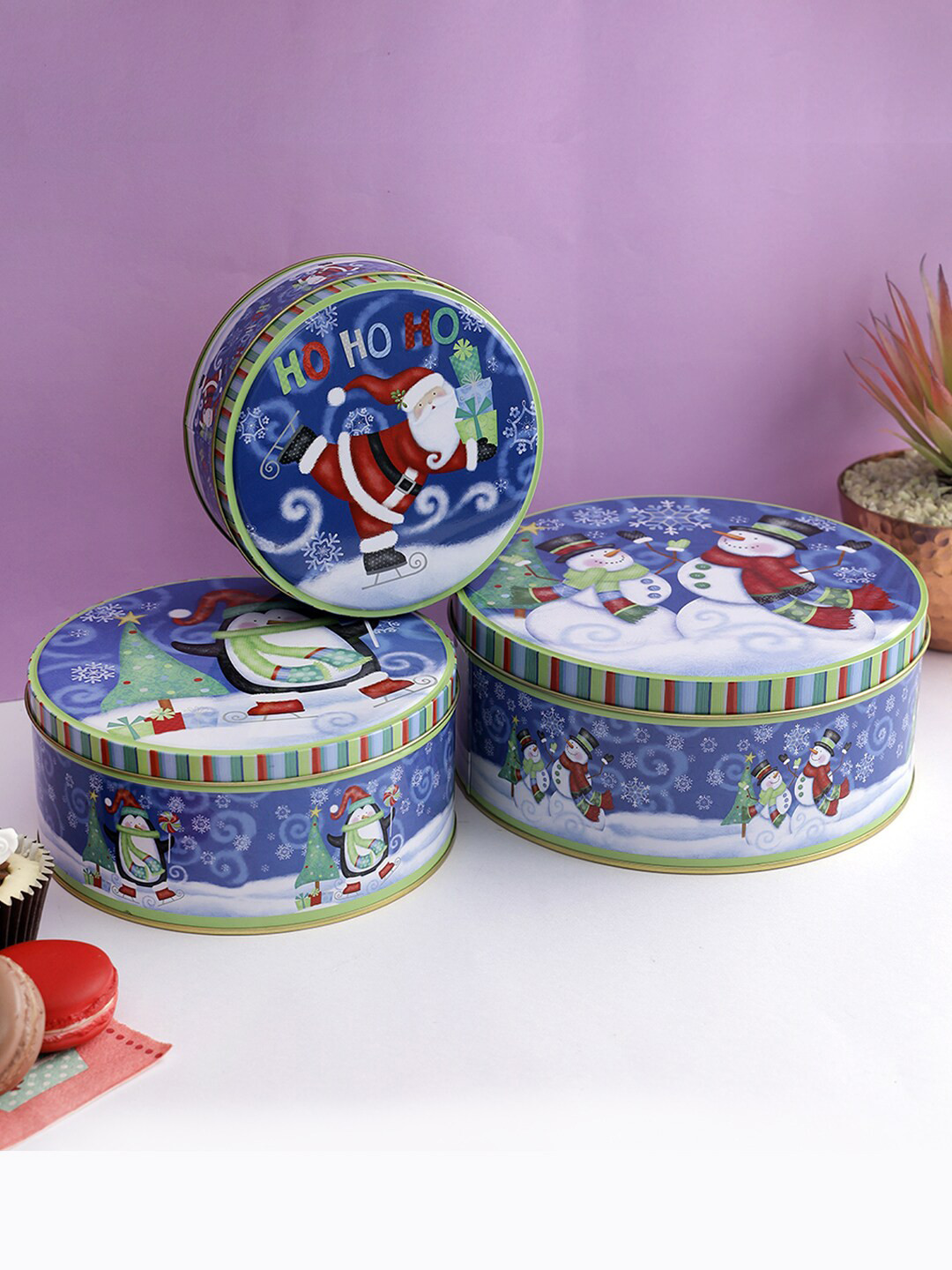 

A Vintage Affair- Home Decor Set of 3 The Snowmans Round Box, Blue