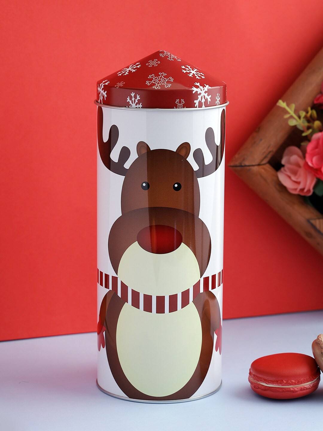 

A Vintage Affair- Home Decor White & Brown Printed Reindeer Trinket Tower Storage