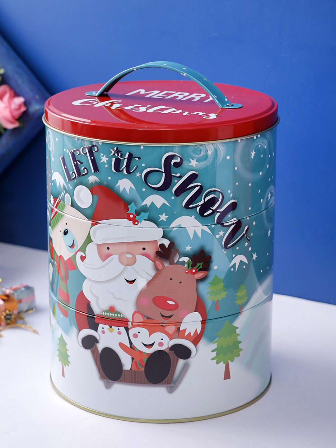 

A Vintage Affair- Home Decor Teal Blue Christmas Printed Large Storage Container