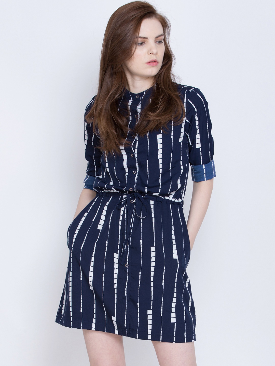 

Tokyo Talkies Women Navy & White Printed Shirt-Style Dress, Navy blue