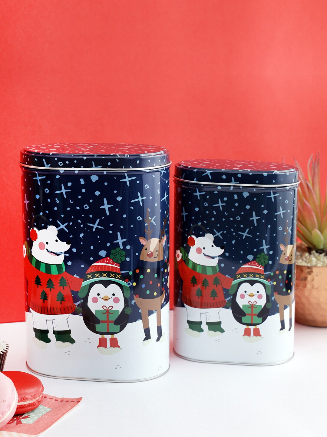 

A Vintage Affair- Home Decor Set of 2 Blue Santa & Friends Canister